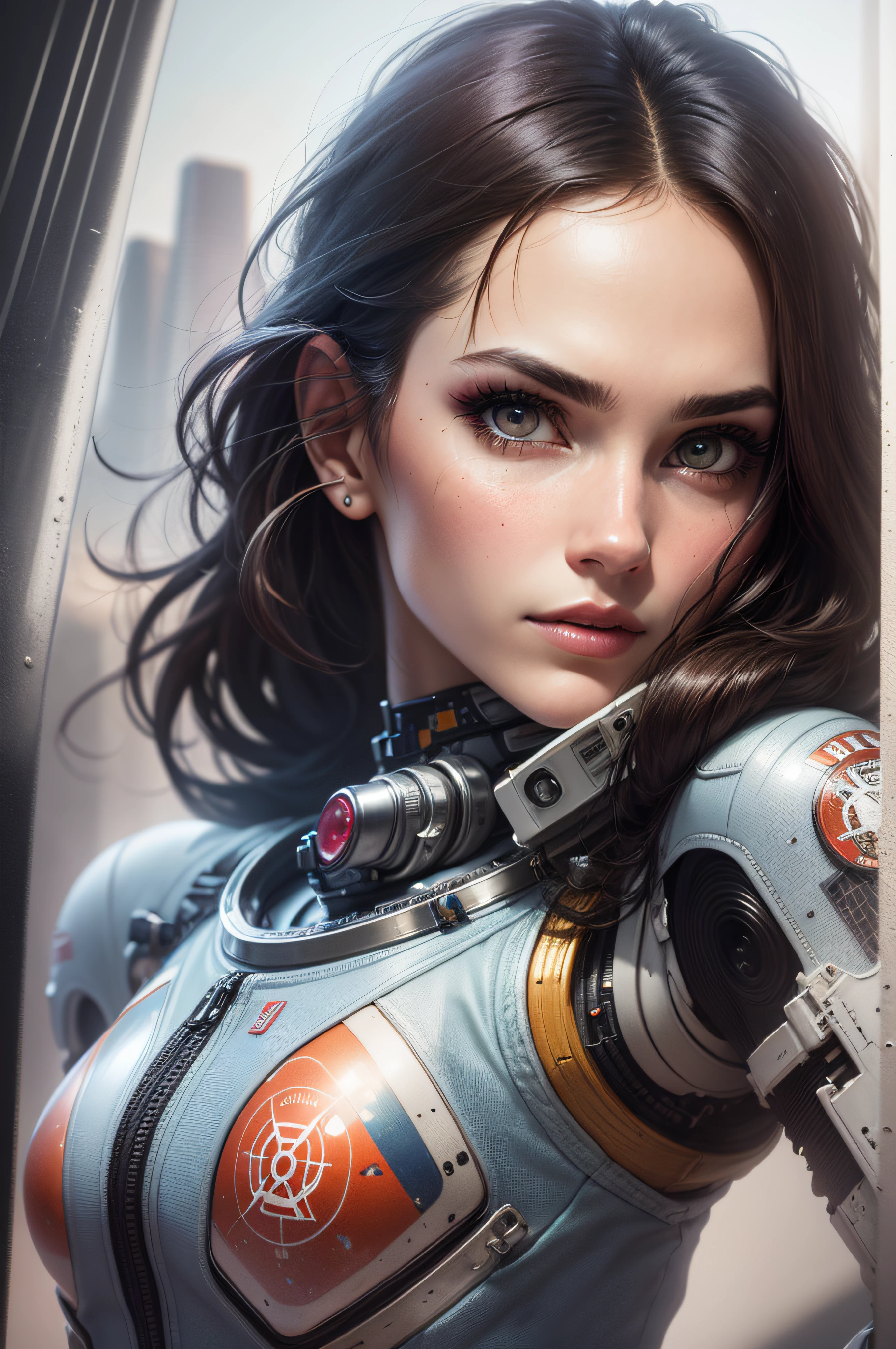 A beautiful astronaut cyborg Mars, Latina woman, long legs, science fiction, full length, detailed eyes, hyperdetailed face, complex, symmetrical face, sharp focus, perfect, model, close-up,  textured, looking into the camera,science fiction, chiaroscuro, professional make-up, realistic, rough, gritty, figure in frame, perfect light