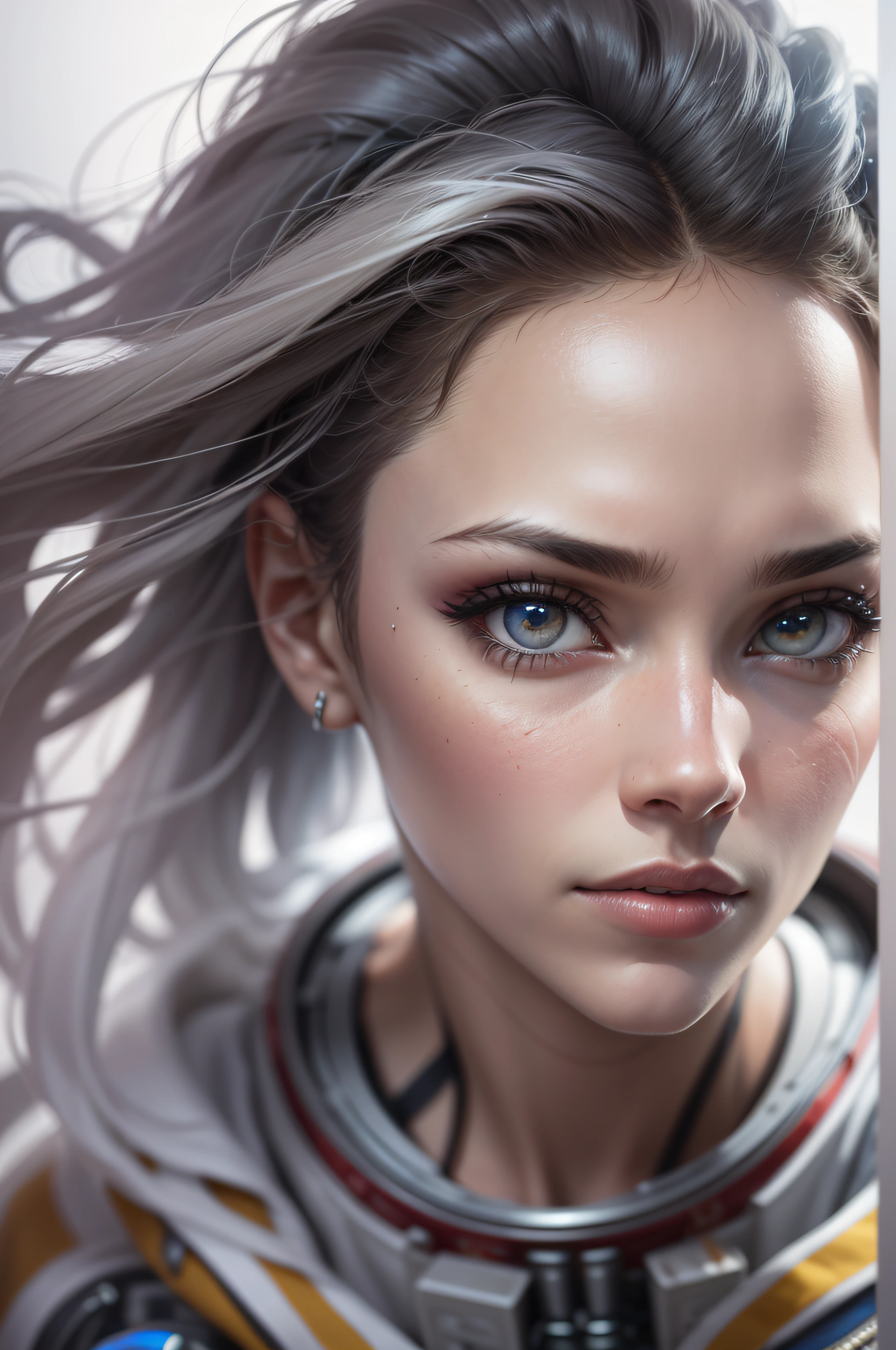A beautiful astronaut cyborg Mars, Latina woman, long legs, science fiction, full length, detailed eyes, hyperdetailed face, complex, symmetrical face, sharp focus, perfect, model, close-up,  textured, looking into the camera,science fiction, chiaroscuro, professional make-up, realistic, rough, gritty, figure in frame, perfect light