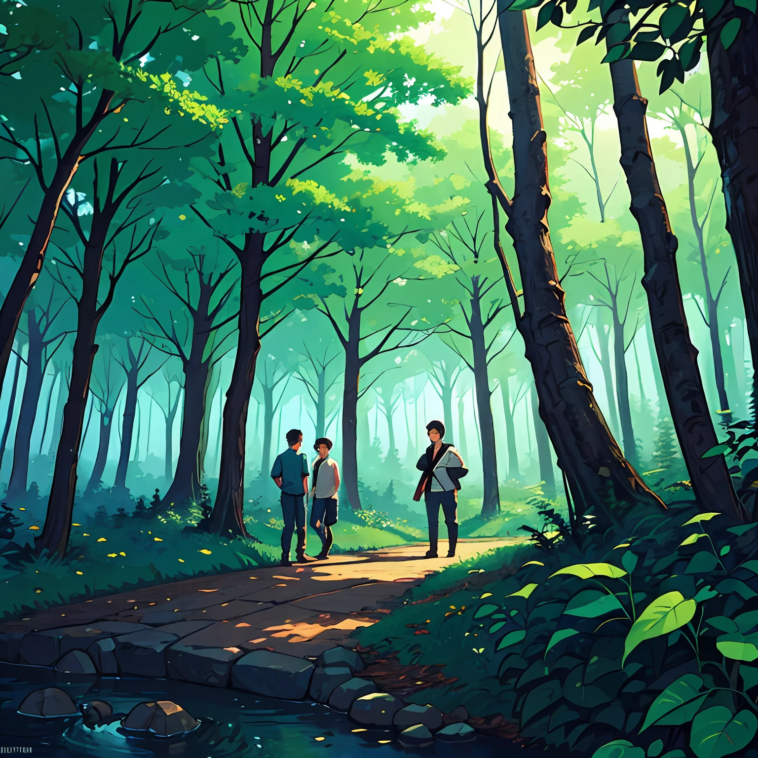 Boy with three friends exploring a forest of enchanting beauty --auto