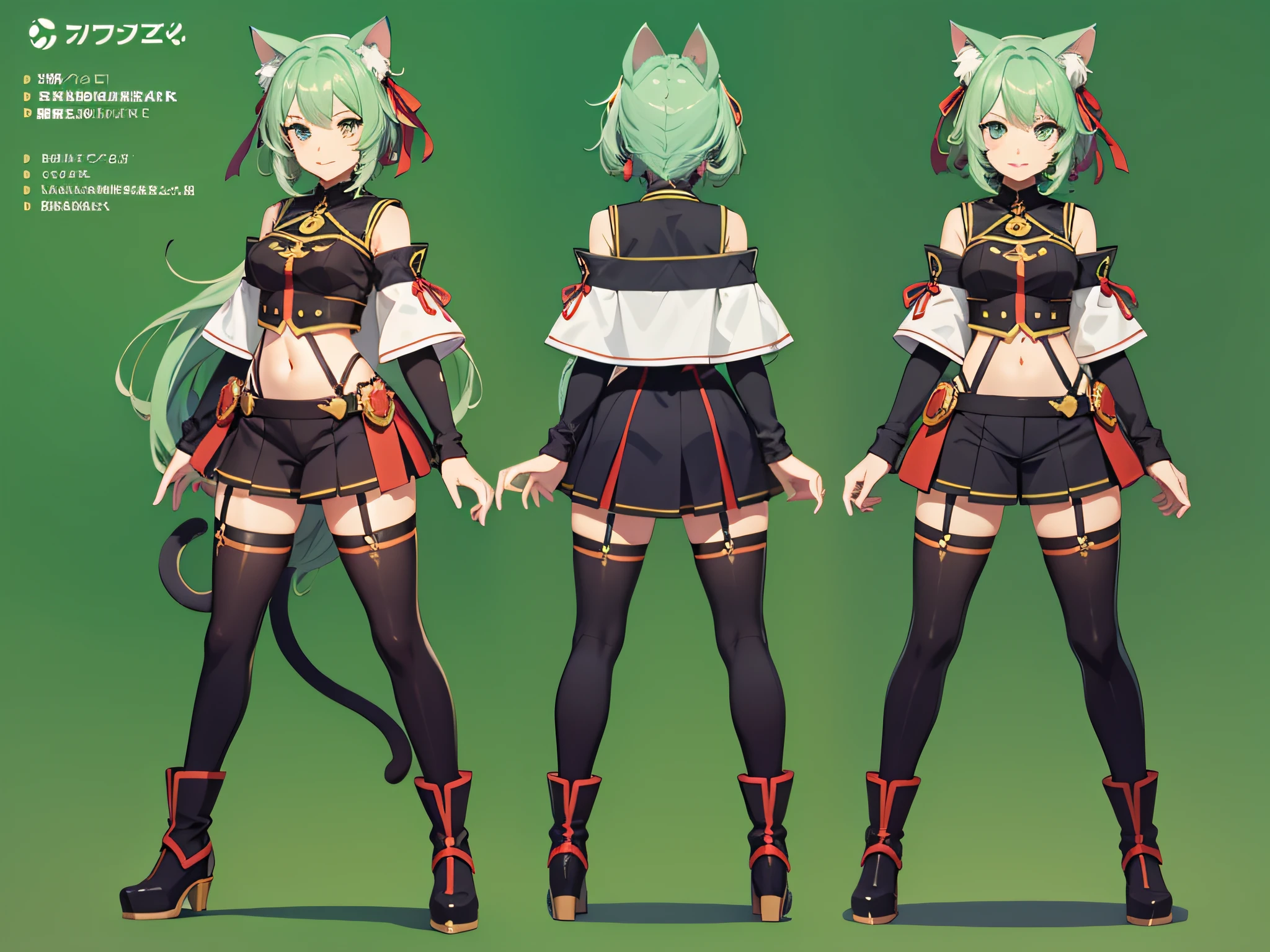 Character Sheet, full-body, famale, green haired, anime, anime style, cat ears, tail, 4k, high quality