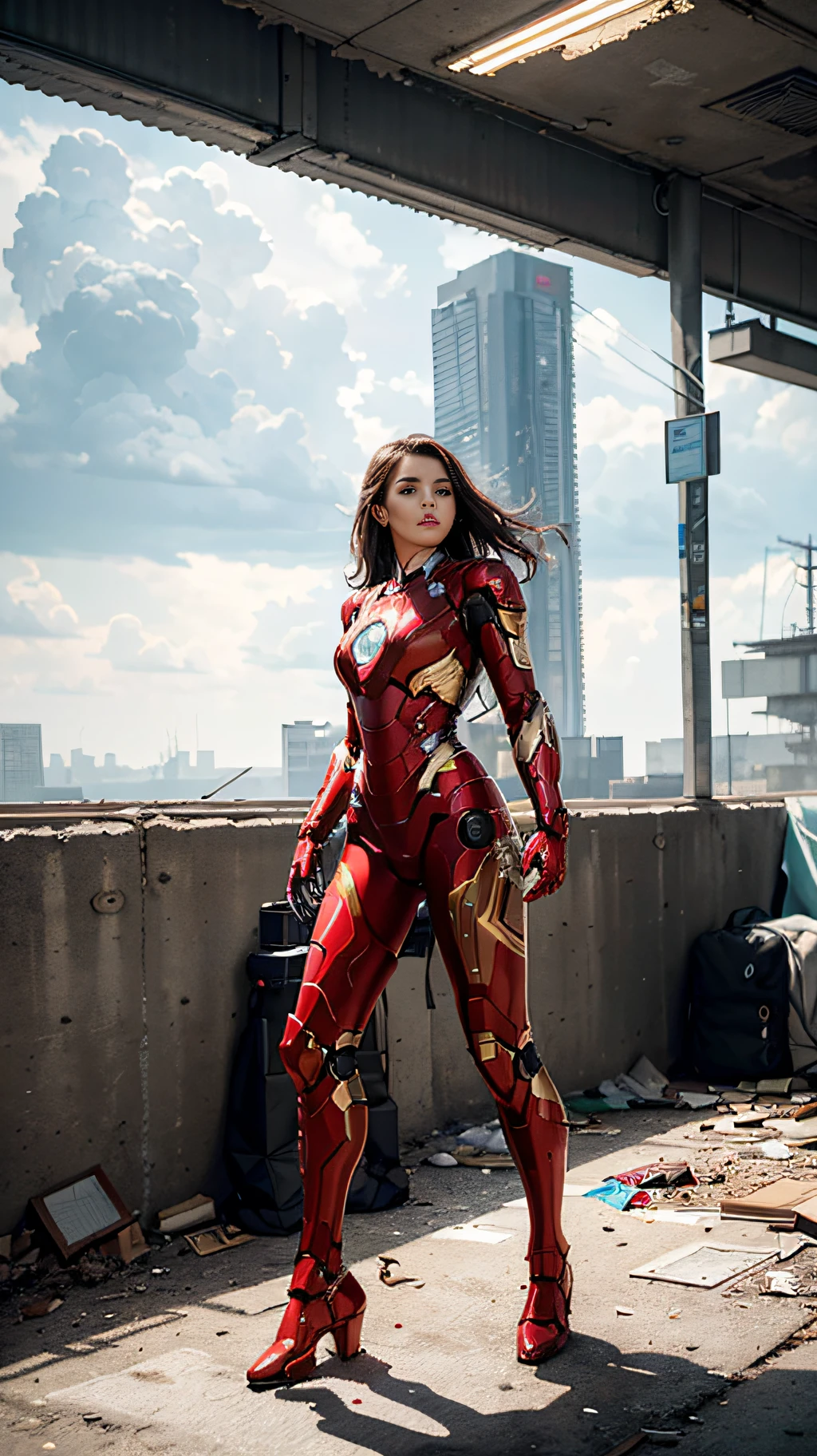 RAW, Masterpiece, Ultra Fine Photo,, Best Quality, Ultra High Resolution, Photorealistic, Sunlight, Full Body Portrait, Stunningly Beautiful,, Dynamic Poses, Delicate Face, Vibrant Eyes, (Side View) , she is wearing a futuristic Iron Man mech, red and gold color scheme, highly detailed abandoned warehouse background, detailed face, detailed and complex busy background, messy, gorgeous, milky white, high detailed skin, realistic skin details, visible pores , sharp focus, volumetric fog, 8k uhd, dslr camera, high quality, film grain, fair skin, photorealism, lomography, sprawling metropolis in futuristic dystopia, view from below, translucent