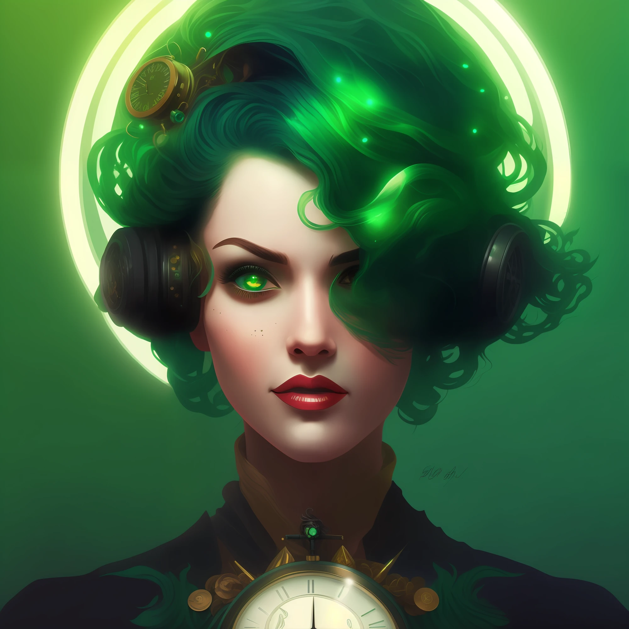 a close up of a woman with green hair and a clock, art nouveau cyberpunk! style, Art Nouveau! Cyberpunk! style, digital steampunk art, art nouveau cyberpunk, stunning digital illustration, cyberpunk medusa, Vivid steampunk concept, Exquisite digital illustration, lofi bioshock steampunk portrait, Colorful sci-fi steampunk, neon steampunk, Fantasy portrait art