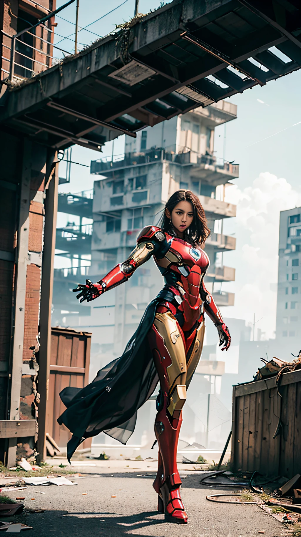 RAW, Masterpiece, Ultra Fine Photo,, Best Quality, Ultra High Resolution, Photorealistic, Sunlight, Full Body Portrait, Stunningly Beautiful,, Dynamic Poses, Delicate Face, Vibrant Eyes, (Side View) , she is wearing a futuristic Iron Man mech, red and gold color scheme, highly detailed abandoned warehouse background, detailed face, detailed and complex busy background, messy, gorgeous, milky white, high detailed skin, realistic skin details, visible pores , sharp focus, volumetric fog, 8k uhd, dslr camera, high quality, film grain, fair skin, photorealism, lomography, sprawling metropolis in futuristic dystopia, view from below, translucent