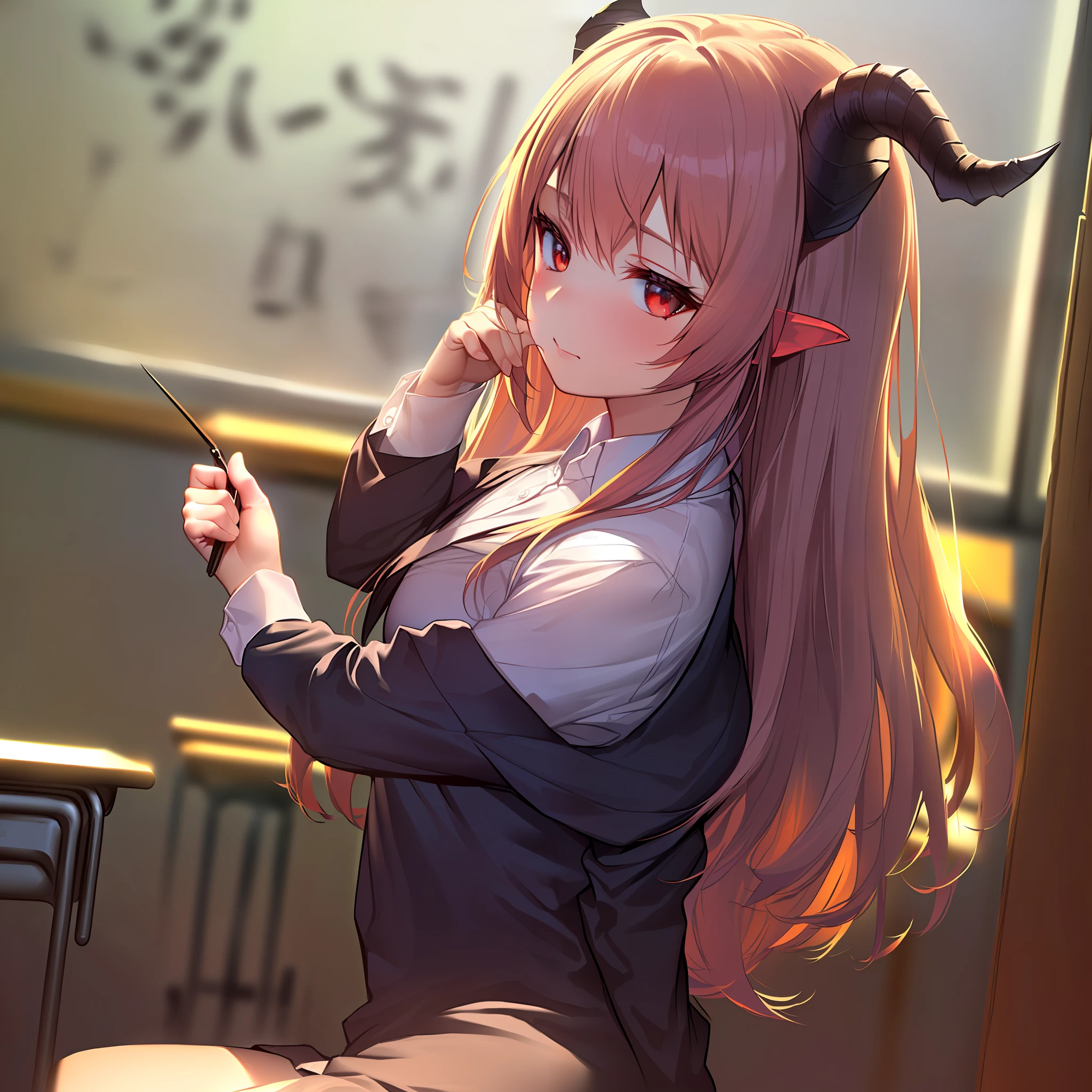 A little demon with horns of an elder，Wait in the classroom for the teacher's comment，High-tech style，The Masterpiece