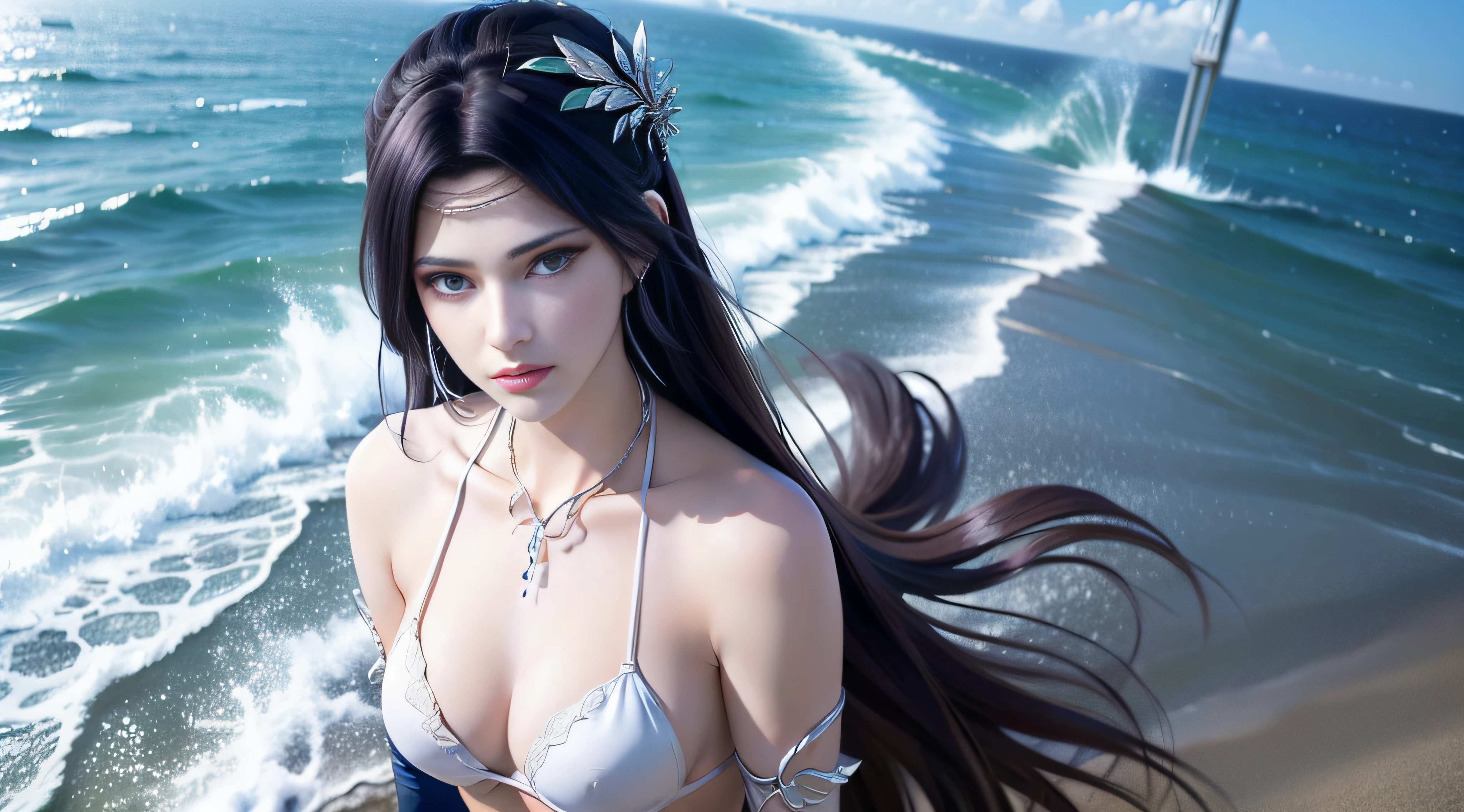 best qulity，The Masterpiece，anextremely delicate and beautiful，greatly detailed，CG，unified，8k壁紙，beautiful detailedgirl，（very detailled face），beautiful detail eye， 1girls，独奏，blur backgroun，half-body，at the sea，in a bikini