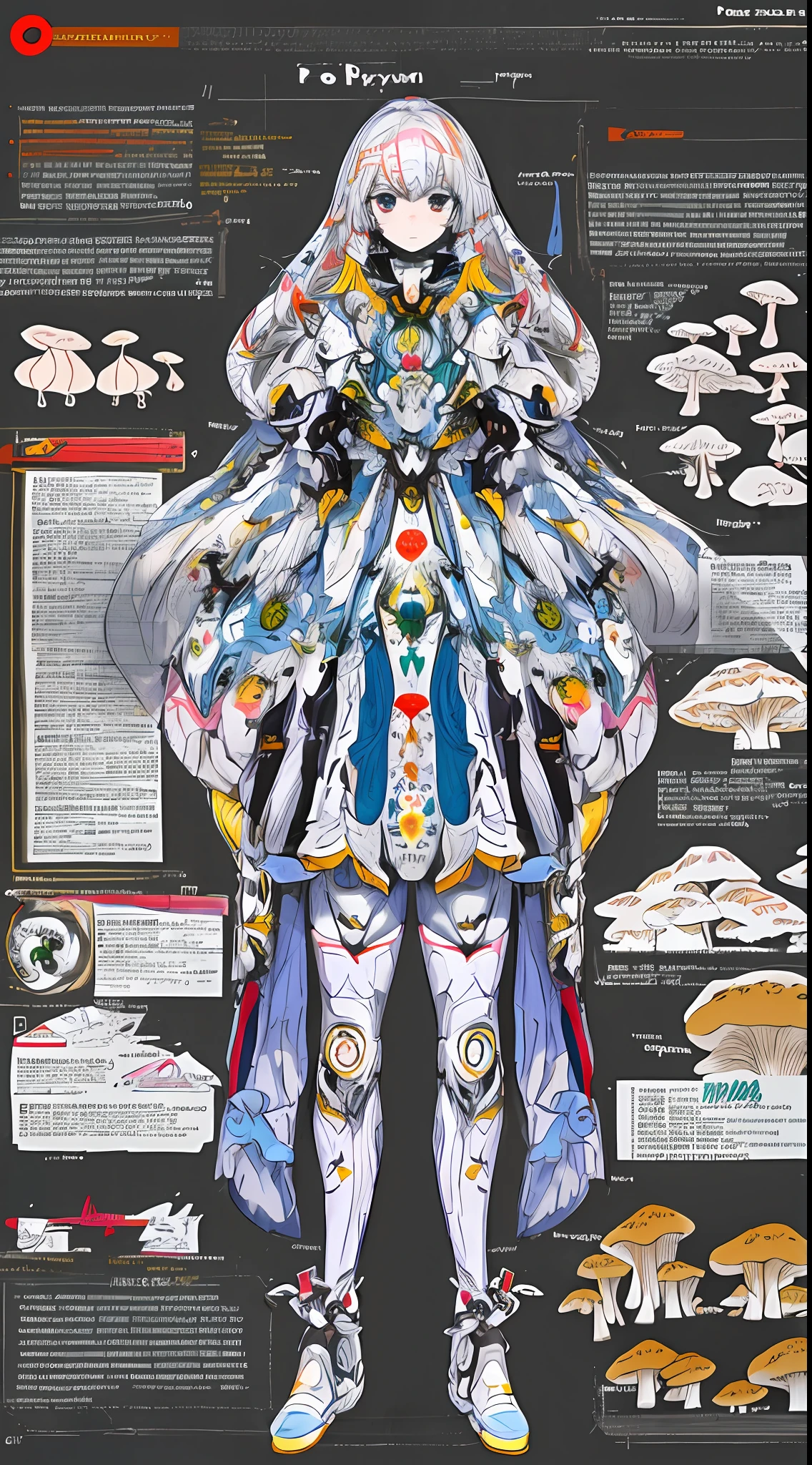 masterpiece, best quality, 1girl,highres, absurdres, full body,(ultra-detailed:1.1025), (illustration:1.1025), (infographic:1.1025), patent drawings, physical measurement,psychedelic details art, mushrooms,magical,(all clothes configuration:1.1025), stationery, (solo:1.1025),standing, cohesive background, 5 fingers in hands, character sheet,