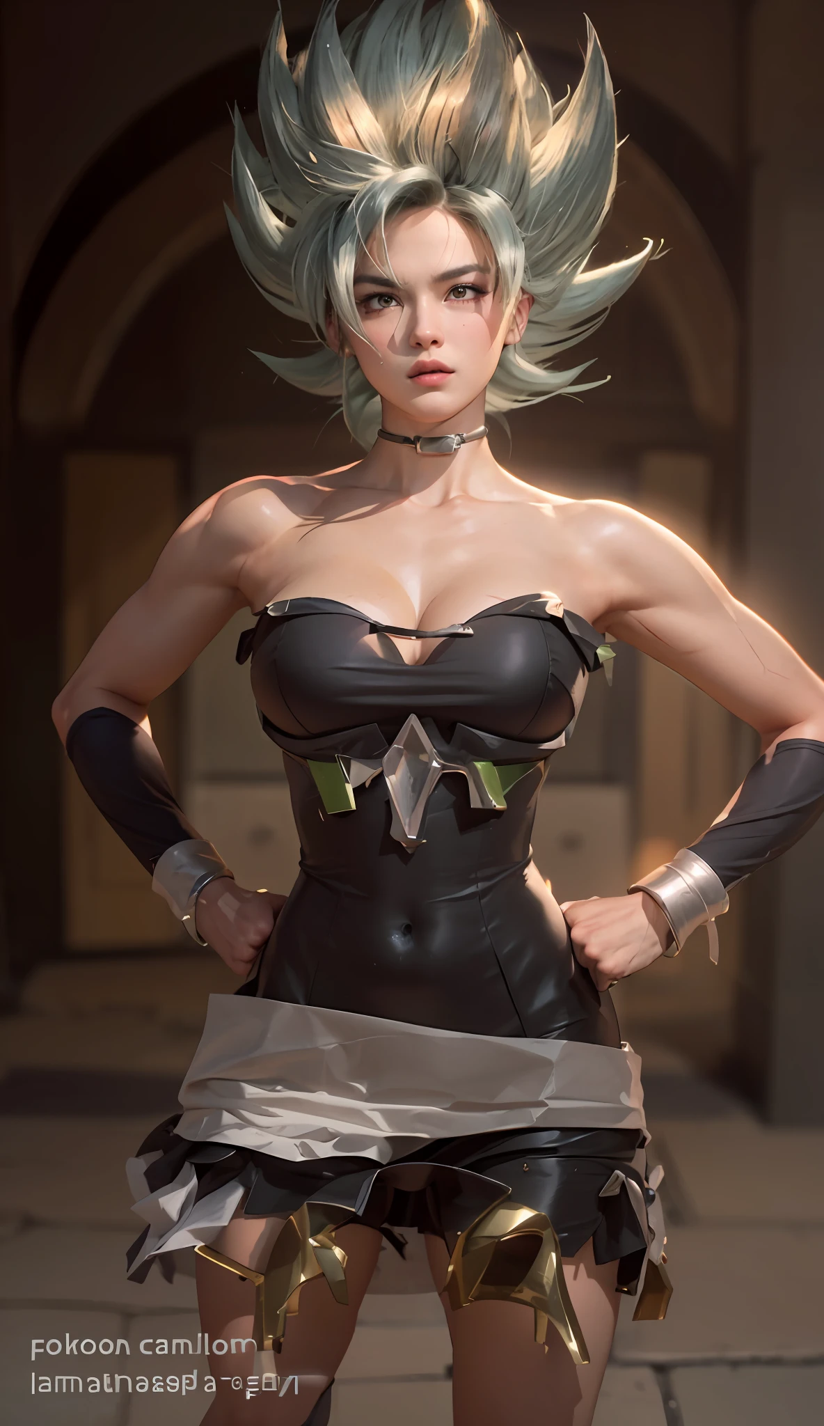 Female, feminine, androgynous, large breasts, transgender Broly from Dragon Ball Super, 1boy, closed mouth, female focus, muscular, muscular male, standing alone on Namek, sash, serious, solo, spiked hair, ultra instinct, ((masterpiece)), erotic, sexy female Waifu, photorealistic anime realism trending on civitai perfect composition perfect render innovative design dynamic angle perfect pose perfect body perfect face perfect hands perfect fingers perfect, signature Broly outfit, Dragon Ball style environment, realistic background, detailed background detailed outfit perfect nails, highest resolution, camel toe, cameltoe bulge, areolas protruding, cleavage, sexy, beautiful