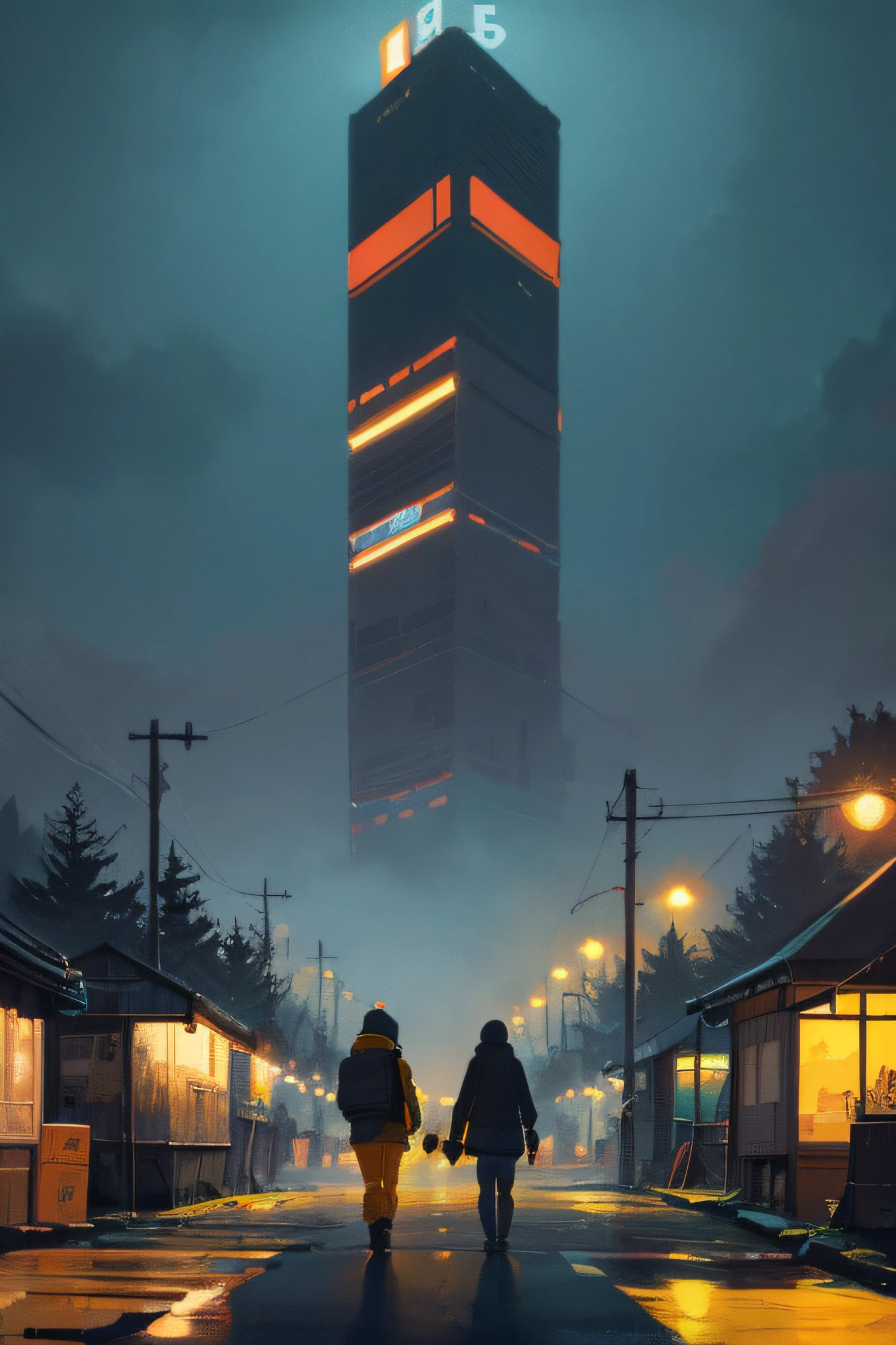 Close-up of people walking on the road at night, inspired by Simon Stålenhag, lofi artstyle, simon stälenhag, style of simon stalenhag, inspired by Simon Stalenhag, lo-fi illustration style, simon stålenhag color scheme, art by alena aenami, Simon Stalenhag Len Hage. The art of math