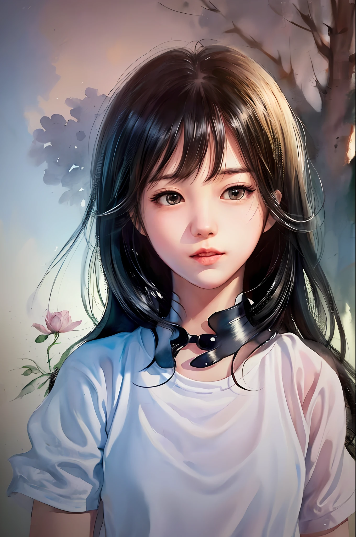 stechu,(white background:1.4),((tachi-e)),Original,(illutstration:1.1),(best qulity),(The Masterpiece:1.1),(Very detailed CG unity 8k wallpaper:1.1),(colourised: 0.9),(panorama shot:1.4),(Single person:1.2),(Splash ink),(Splash color),((watercolors)),clear sharp focus,{ 1girl standing },((korean style )),flower background ,al fresco,rock,Look at the viewer,Make happy faces,Soft smile,chaste,Beautiful delicate face and eyes,Delicate garment pattern details,dark-haired,hirblack eye,shuicolor,bobhair
