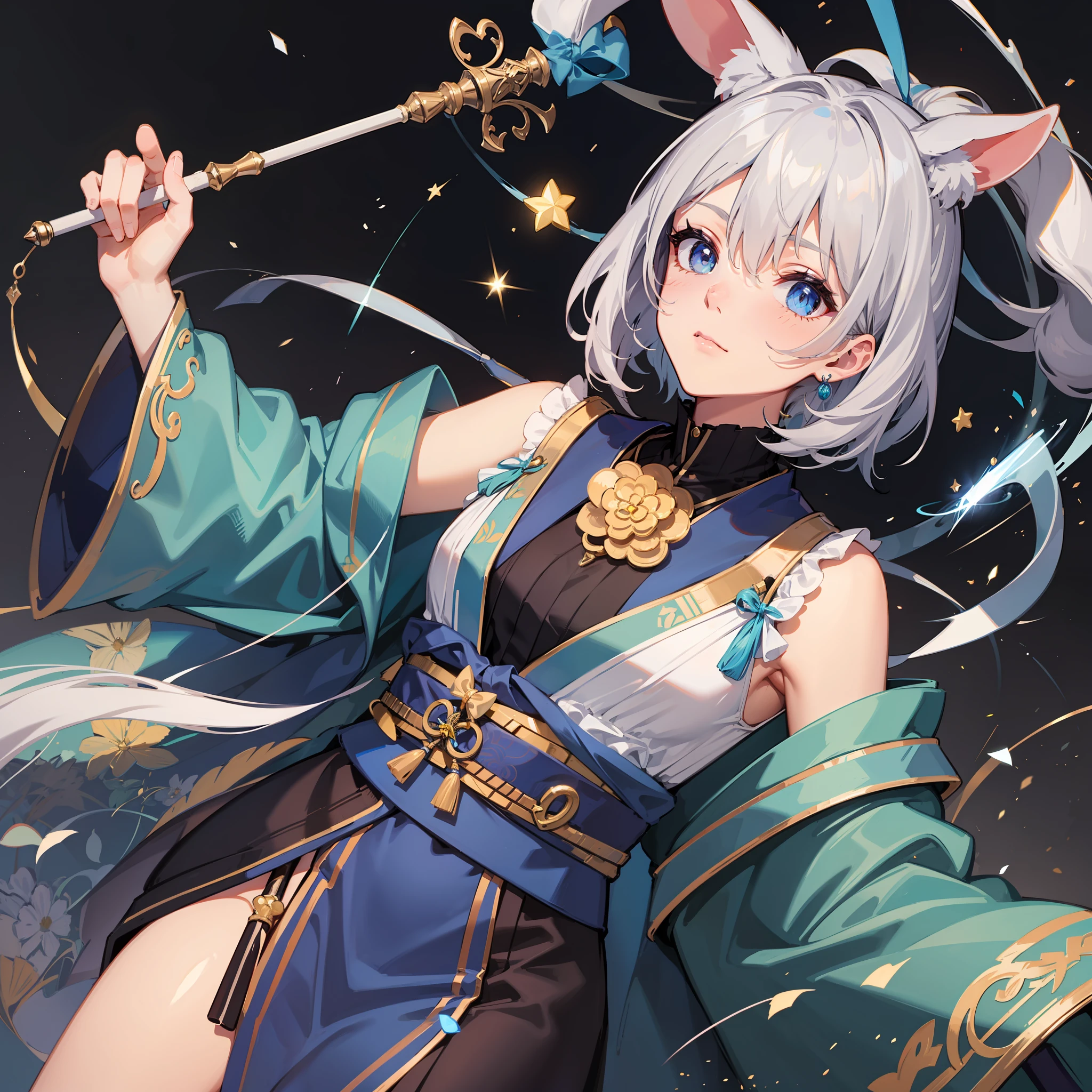 rabbit ear Masculine Silver hair Blue kimono Waving a wand magic