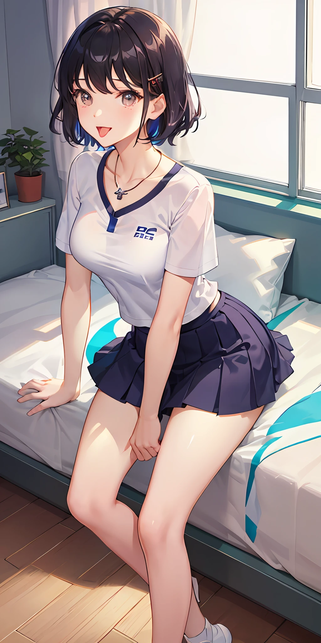 (masterece-piece:1.4)、(beste Quality:1.4)、8K、HD、Ultra Clear、The girls1people、（a large breast：1.4）、blackhair、（Heart-shaped pupil 1.3）、short haired、（Tongue out：1.2）、Frightening：1.3、（weeping：1.3）、princess、Naked abdomen、Tennis Wear、skirts、（looking up away）、Night Bedroom Necklace、