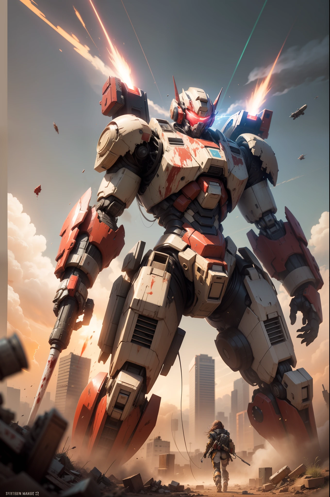 Look up at the perspective,(Digital artwork:1.3)(a sketch:1.1)Octane renders a wasteland,Swirling thick clouds,smog,Flying machines in the sky fierce battle,weed,Dilapidated houses,macadam,Sunset,in crimson red,((A girl in a combat uniform stood in front of the badly damaged and broken mech)),((The girl's long messy hair fluttered,Blood,Close-up of the)),(Stubborn),(Steadfast),(There is blood at the corner of the mouth),(Messy long hair flying),(((The mech was spattered with blood))),(Mars splashes),((Broken upper body mech,Dropped mech fragments)),(Exposed wires),((Mecha is depicted finely)),(((ultra fine))),Shoot at 8K resolution,Gasoline liquid,firelight,Missiles streaked across the sky,weeds,macadam,exploding,splash arts,((Dynamic speed lines:1.2)),Lithography in intricate details,dongh(Light particles:1.2),(game concept:1.3),(deep of field:1.3),Global illumination,well detailed,Trends on ArtStation,Epic shooting,Cinematic lighting
