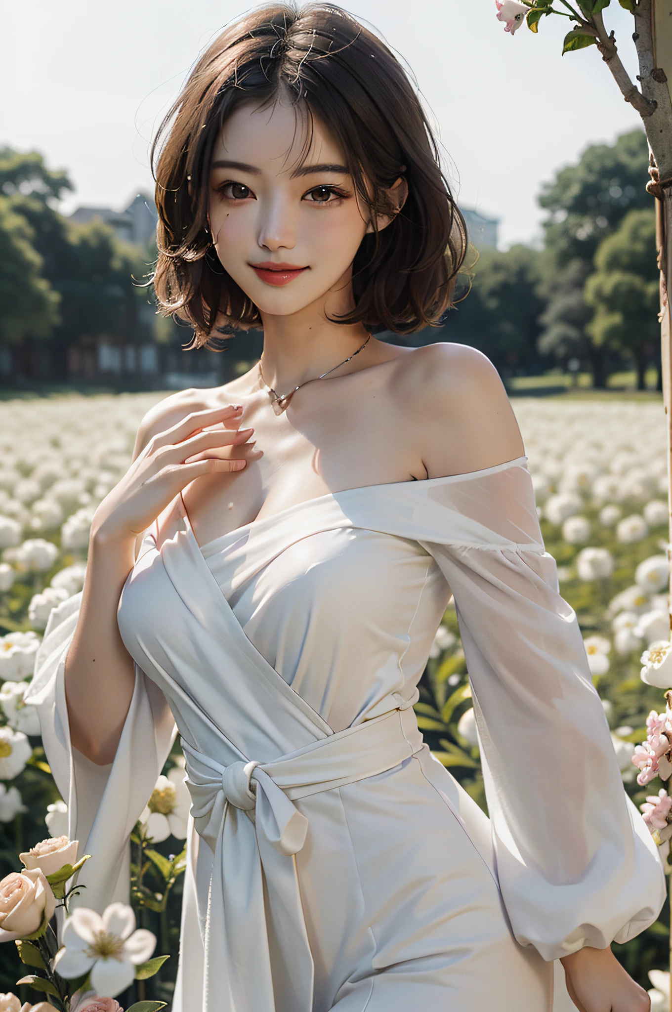 best qulity，The Masterpiece，ultra-highres，（真实感：1.4），OriginalPhotographs，1girl，largebreasts，robe blanche，off the shoulder，blossom flower field，Glowing skin，Light smile