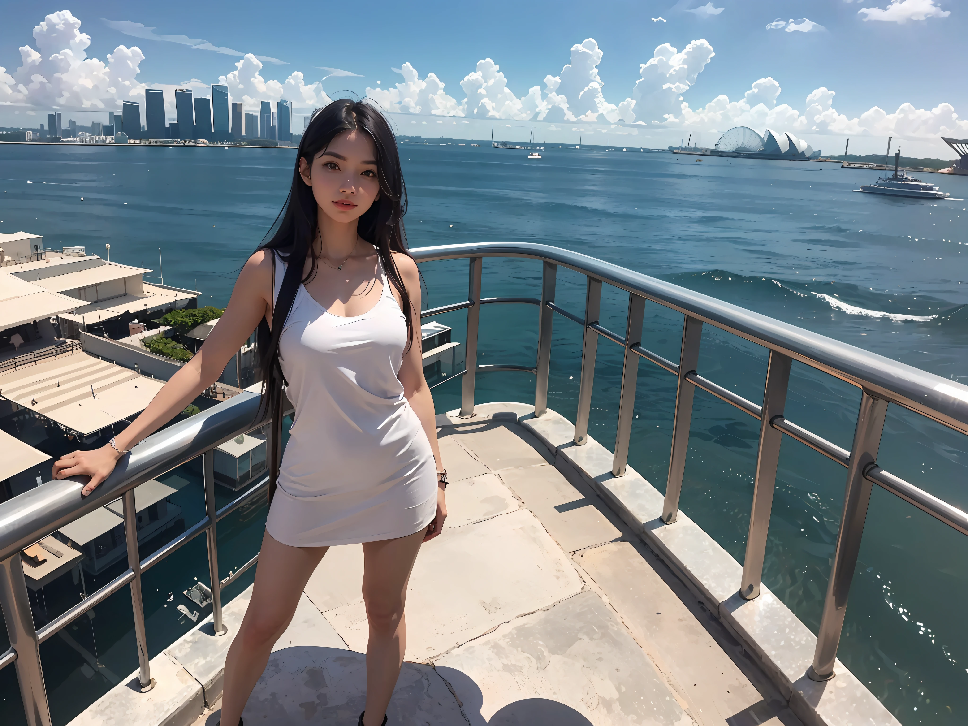 there is a woman standing on a bridge by the water, harbour in background, 8 k. filling of the view, 8 k. filling most of the view, singapore esplanade, the ocean in the background, singapore ( 2 0 1 8 ), ocean in the background, standing on a ship deck, atlantis in the background, the sea in the background