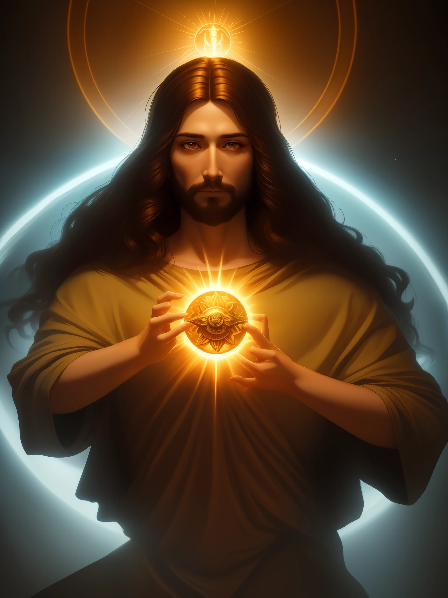 highly detailed portrait of a jesus christ sun god halo of light, gold, unreal engine, art by mark ryden, lostfish, earl norem, global illumination, god rays, detailed and intricate environment, elden ring style