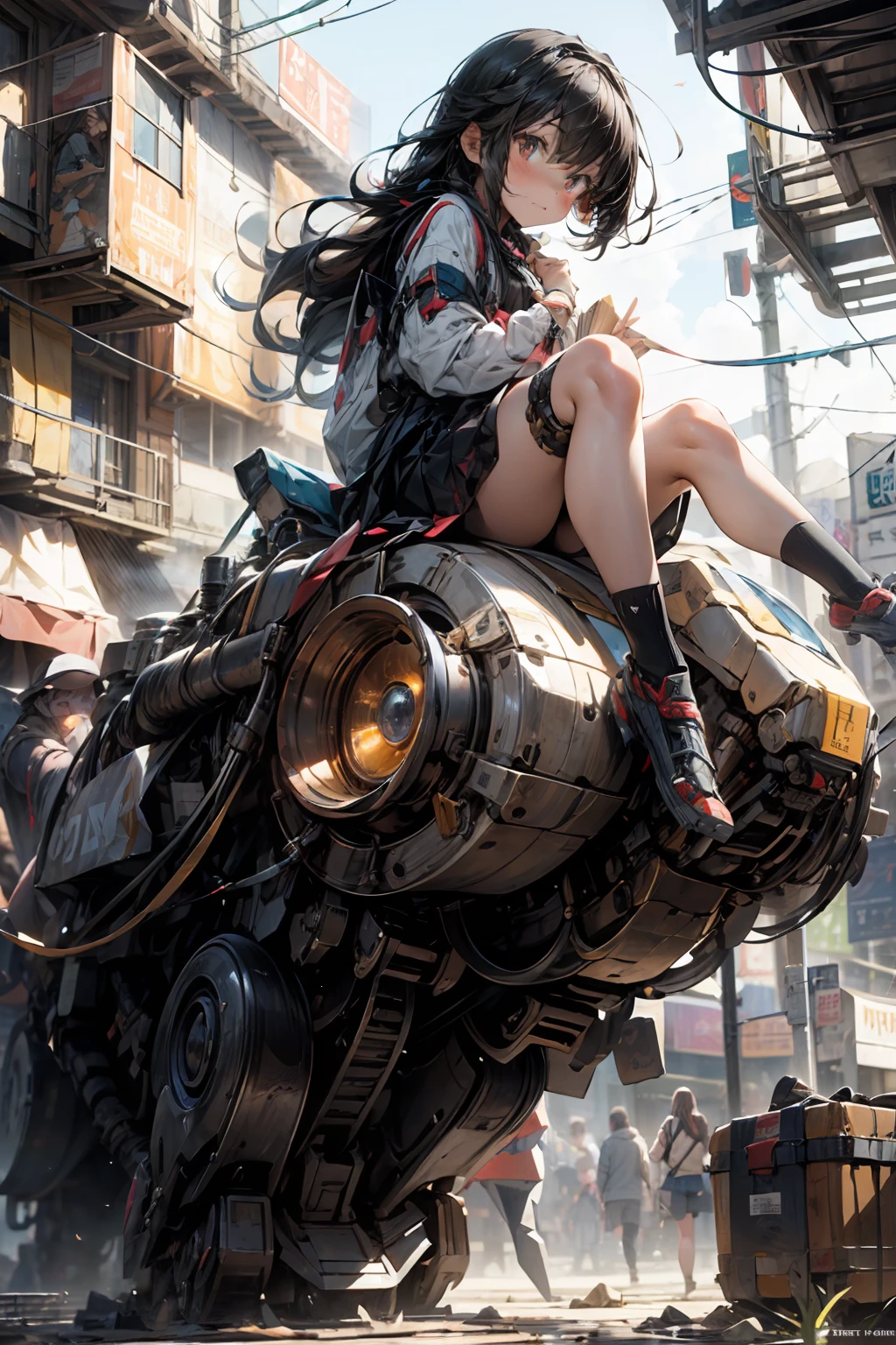 ((A  girl sitting on the shoulder of a giant mechanical robot)),The image depicts a serene and captivating scene of a small,ming girl, perched atop the shoulder of a towering, futuristic Mecha robot, gazing wistfully into the distance , BREAK The robot’s metallic frame gleams in the sunlight, with intricate details and sleek lines that convey a sense of power and sophistication. The girl’s innocent expression and graceful demeanor add to the picture’s sense of wonder and optimism BREAK creating an enchanting vision of a world where the impossible becomes possible, best quality, masterpiece, trending on Art station,