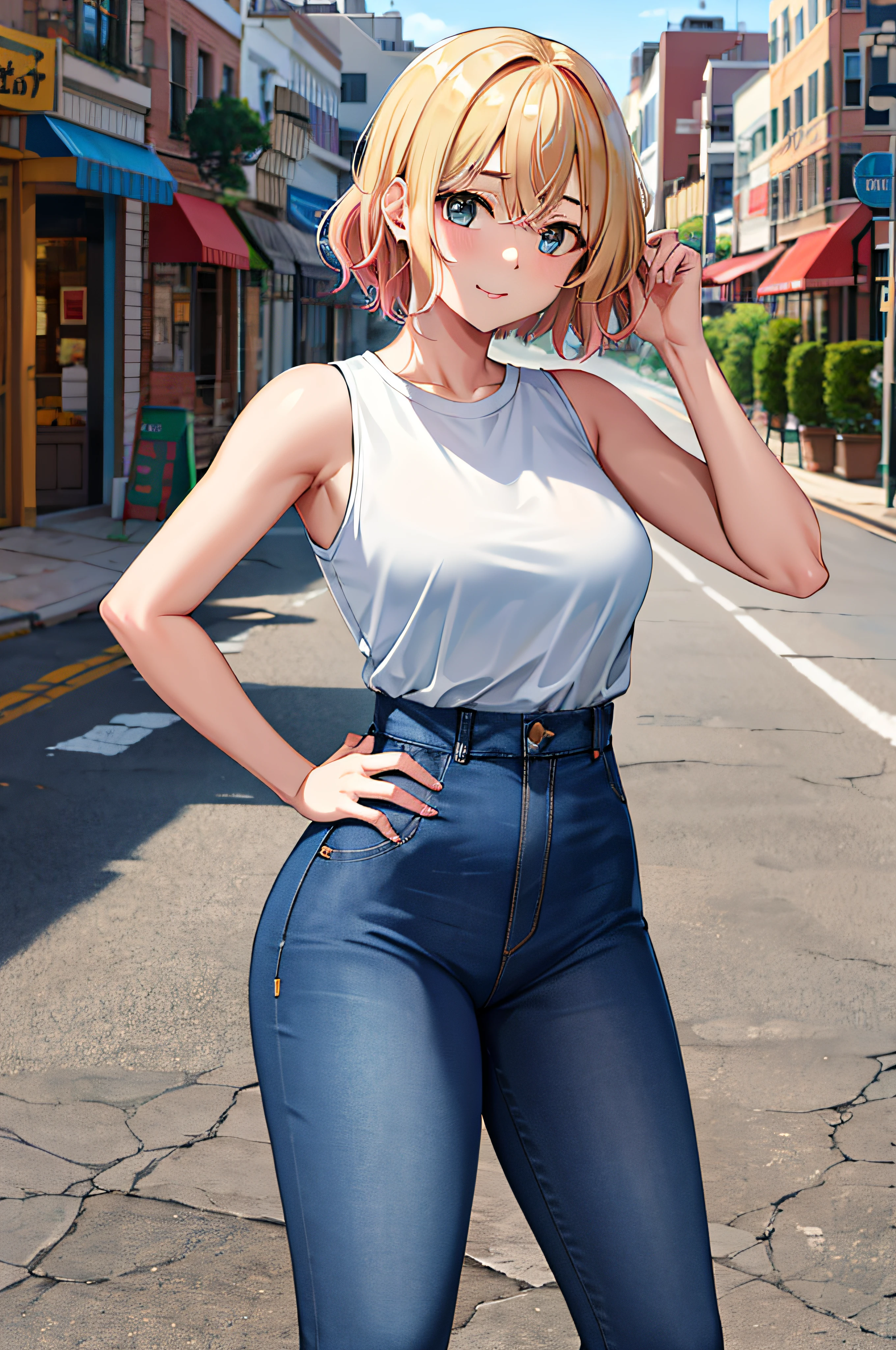 masterpiece, best quality, highres, nm1, white shirt, sleeveless, jeans, standing, street, cowboy shot, hand on hip,