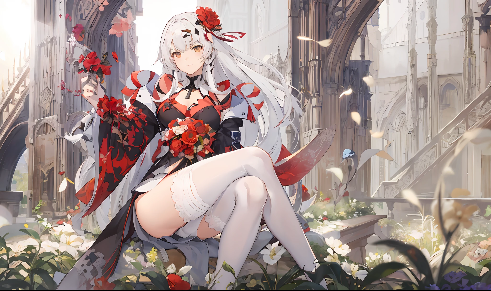 anime girl sitting on a bench in a garden with flowers, cushart krenz key art feminine, Best anime 4k konachan wallpaper, come from《azur lane》videogame, white haired deity, azur lane style, from arknights, 8K high quality detailed art, top rated on pixiv, 《azur lane》role, from girls frontline