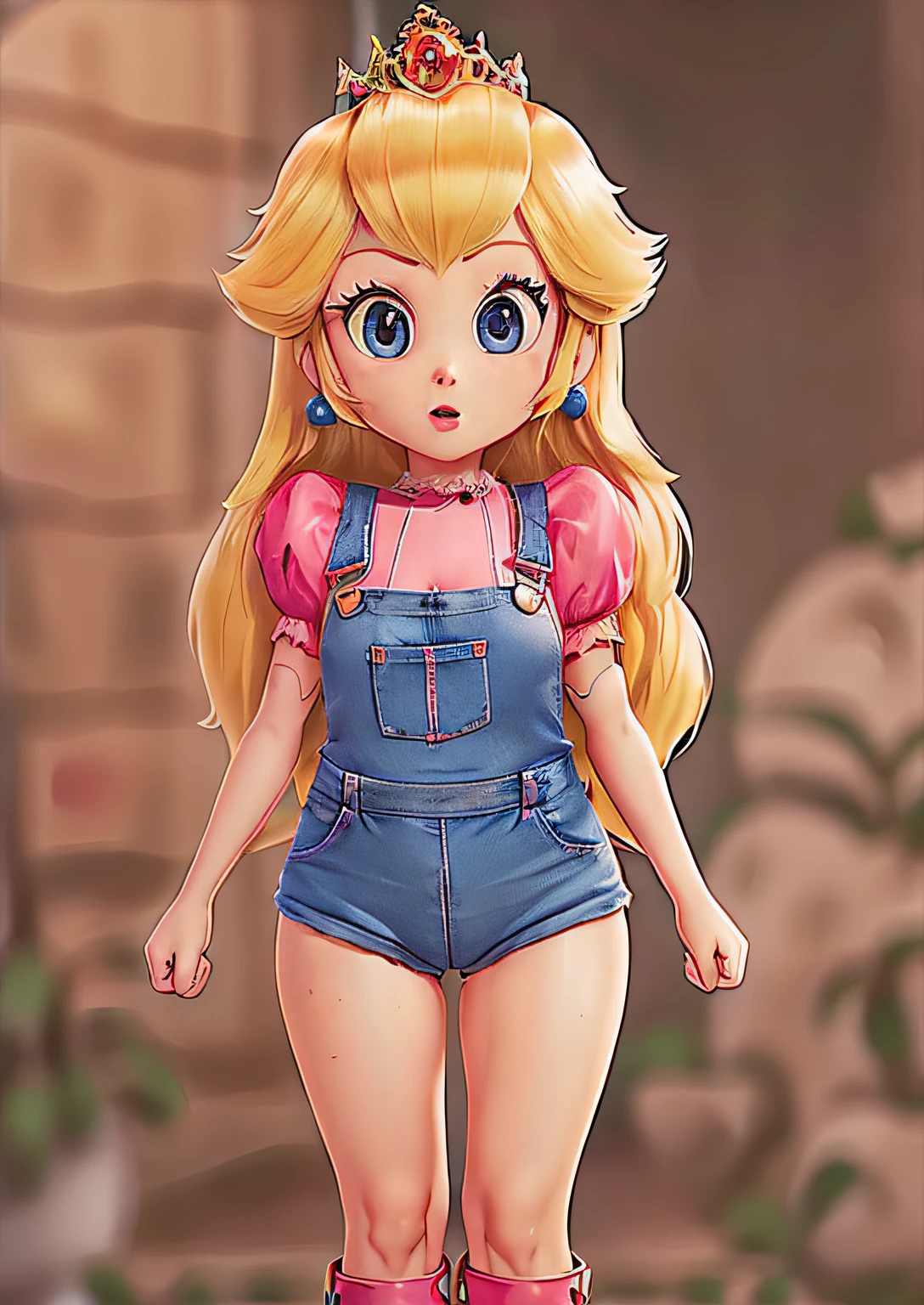 3D render, pixar style, Princess_Peach (wearing nothing except dungarees), wearing red mario_hat,  sideboob, topless, large breasts, looking down, thick thighs, THICK, cameltoe, skin indentation, skindentation, ass focus, SEEN FROM BELOW, wet skin, 1girl, blonde hair, seductive expression, sexy eyes, shiny skin, simple background