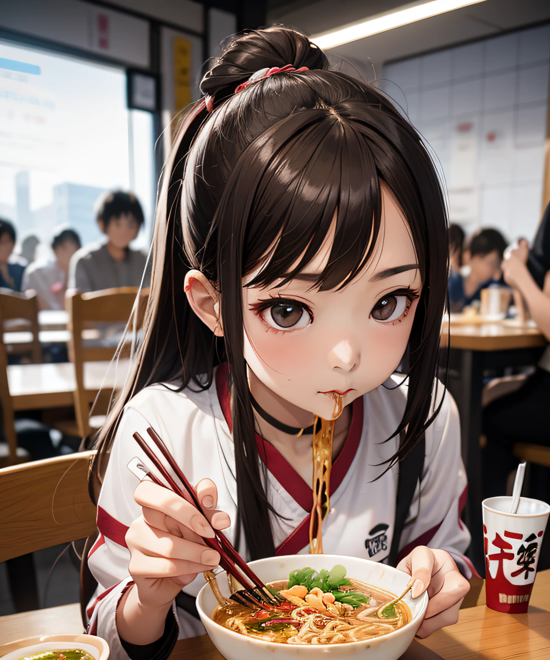 A masterpie、Realstic、highest quallity、Beautiful girl eating ramen with chopsticks