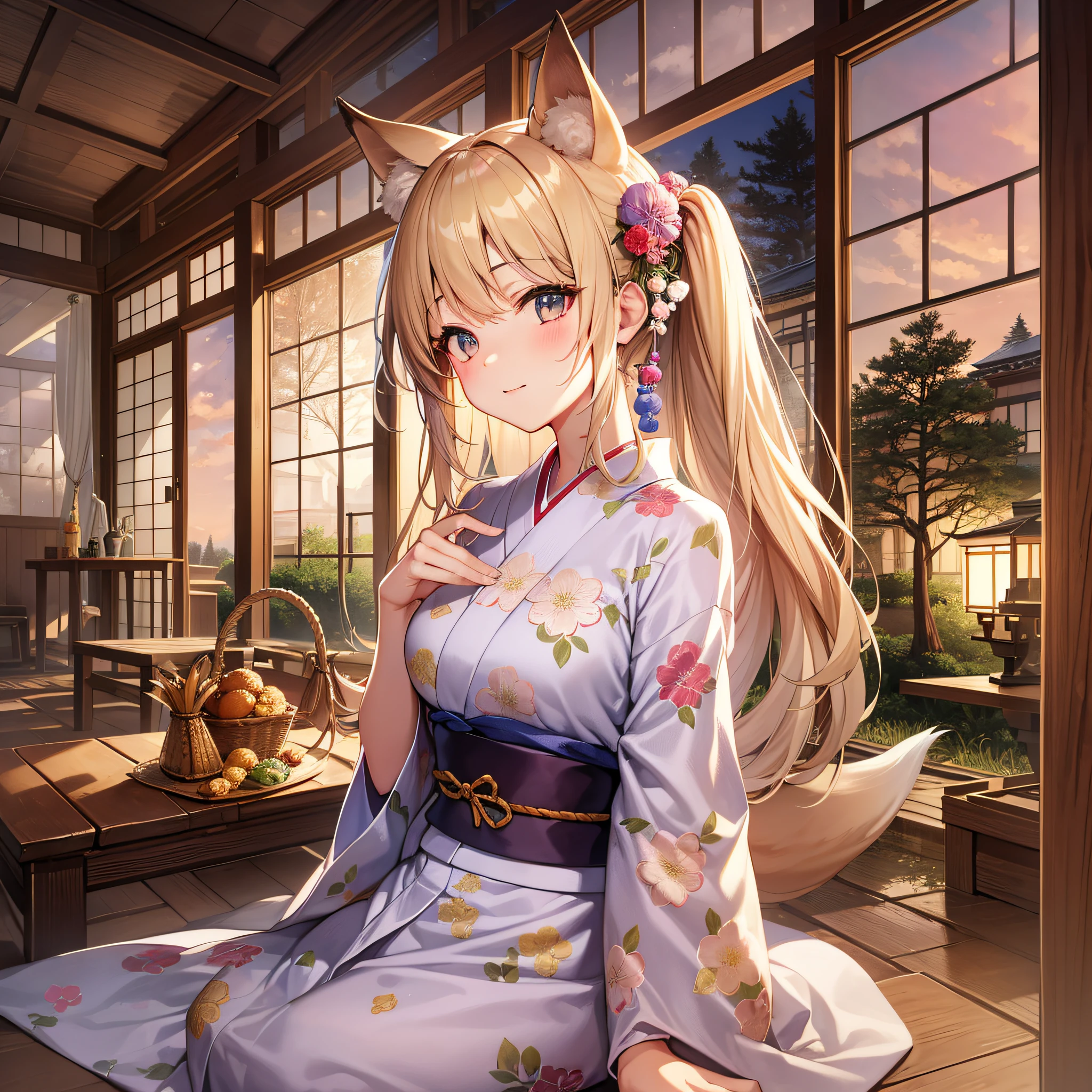 Country house in Japan、Japanese-style veranda、Beautiful girl with fox ears is relaxing、Fox ears、Fox tail、Blonde and innocent beautiful girl、Yukata、Nostalgic atmosphere