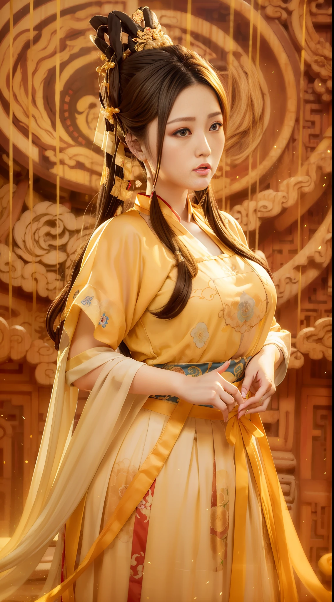 A slightly chubby beauty,long way hair,Yellow short-sleeved hanfu,prette,Chinese wind,Tang dynasty beauty,Round face,Busty and sexy,Pavilion,Delicate facial features,The same person,Same outfit,high-definition,Macro,high qulity