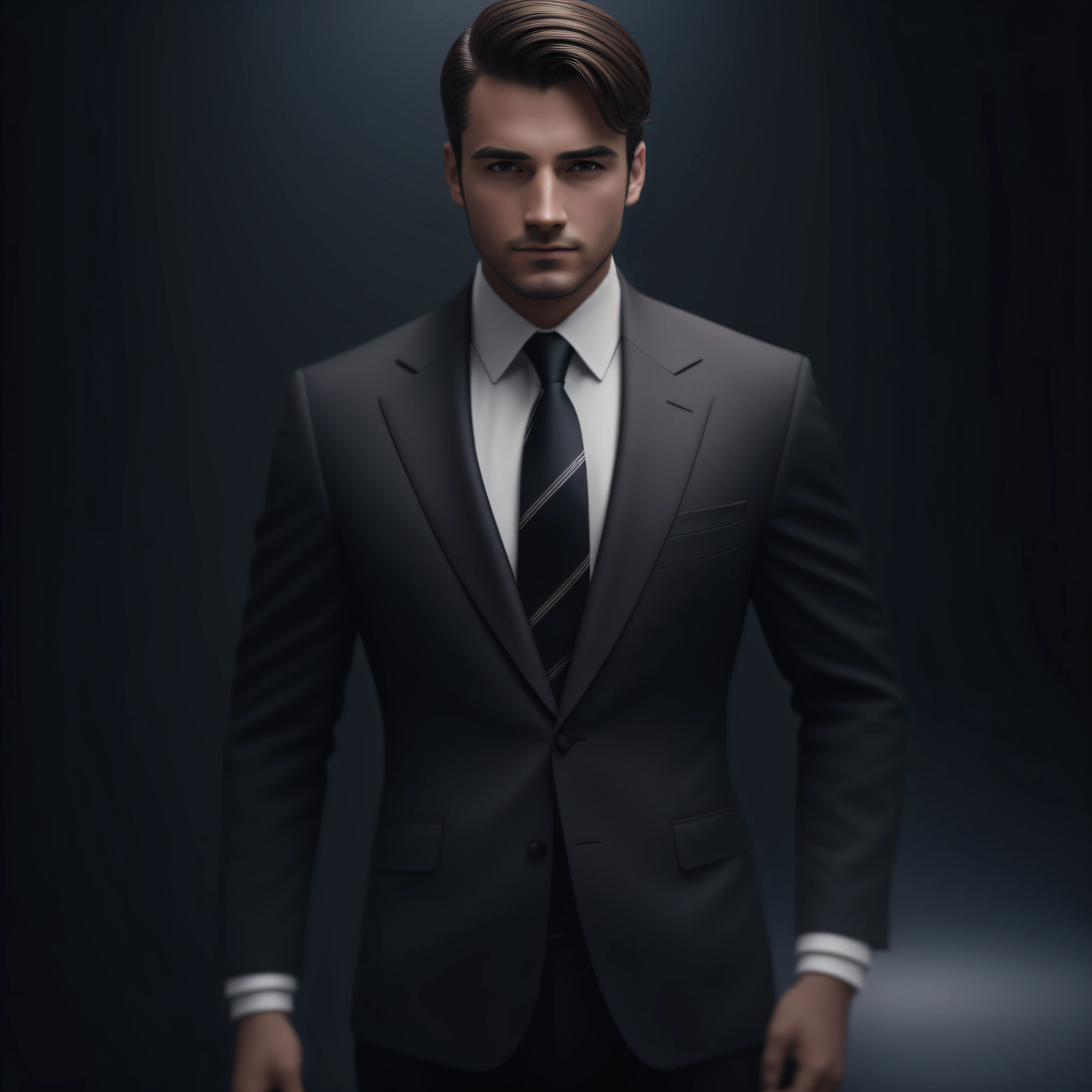 a Man standing with 30 years in suit and tie, body and head straight in the photo, (((DSRL)))), facing the viewer of the photo, eyes fixed to the lens, studio photo, ((((appears hair, shoulders and head in the photo)))), man centered in the photo, 8k, best quality, masterpiece, realistic, realistic photo, movie photo, ultra realistic, 1 person, detailed, perfect lighting, DSRL, professional photo, 4k --auto --s2