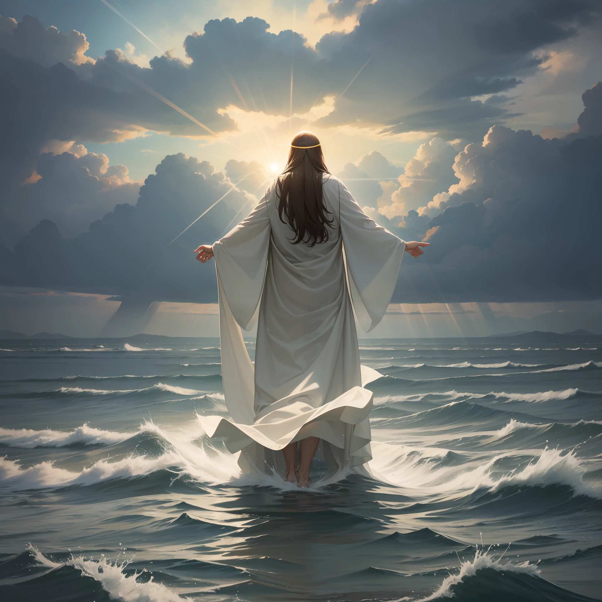 Illuminated Jesus Christ, walking on water in a frenzied storm, Jesus parting the sea and passing through the waters, with sunbeams illuminating the Christ from behind in a full body realistic artwork.  heavenly in every way, 8k