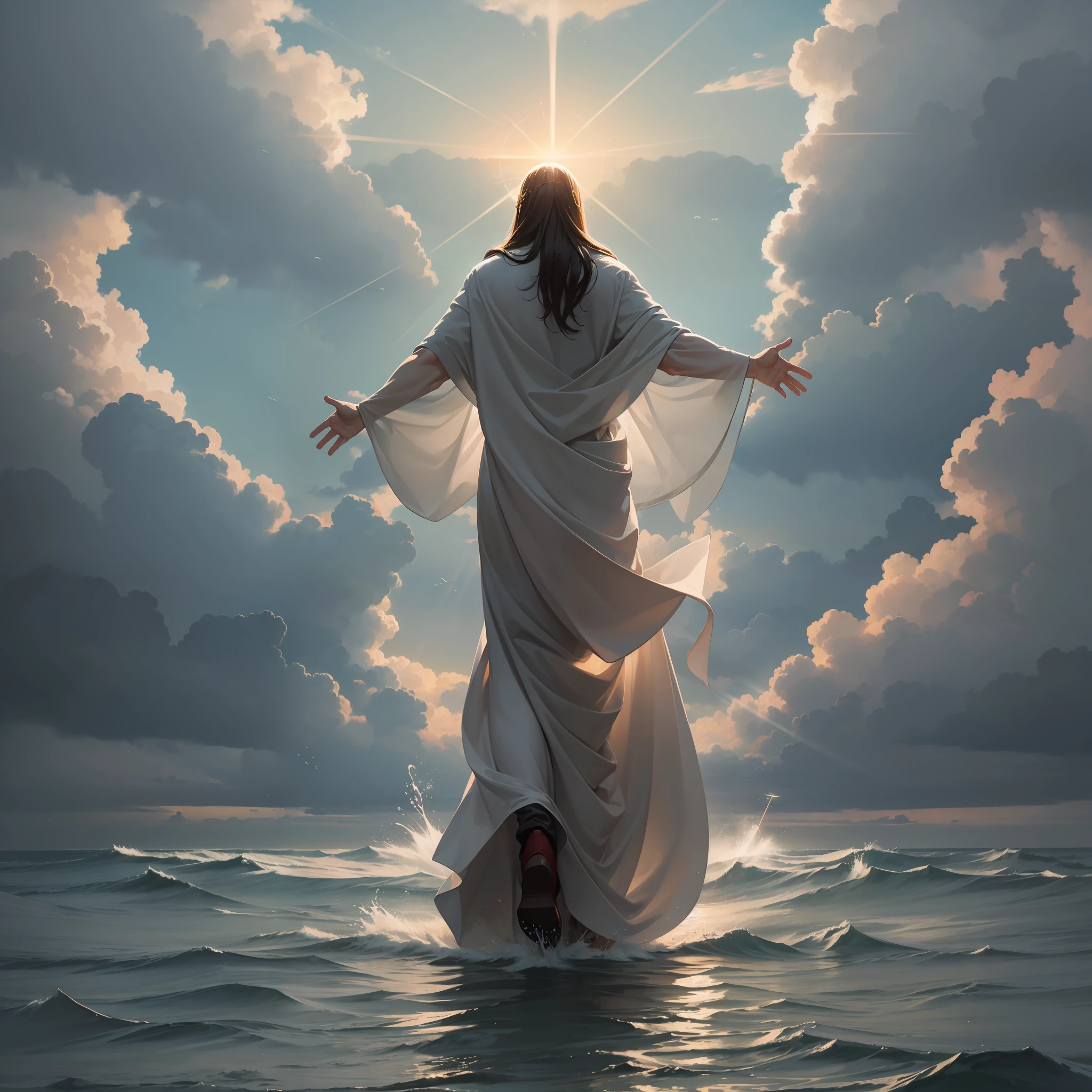 Illuminated Jesus Christ, walking on water in a frenzied storm, Jesus parting the sea and passing through the waters, with sunbeams illuminating the Christ from behind in a full body realistic artwork. heavenly in every way, 8k