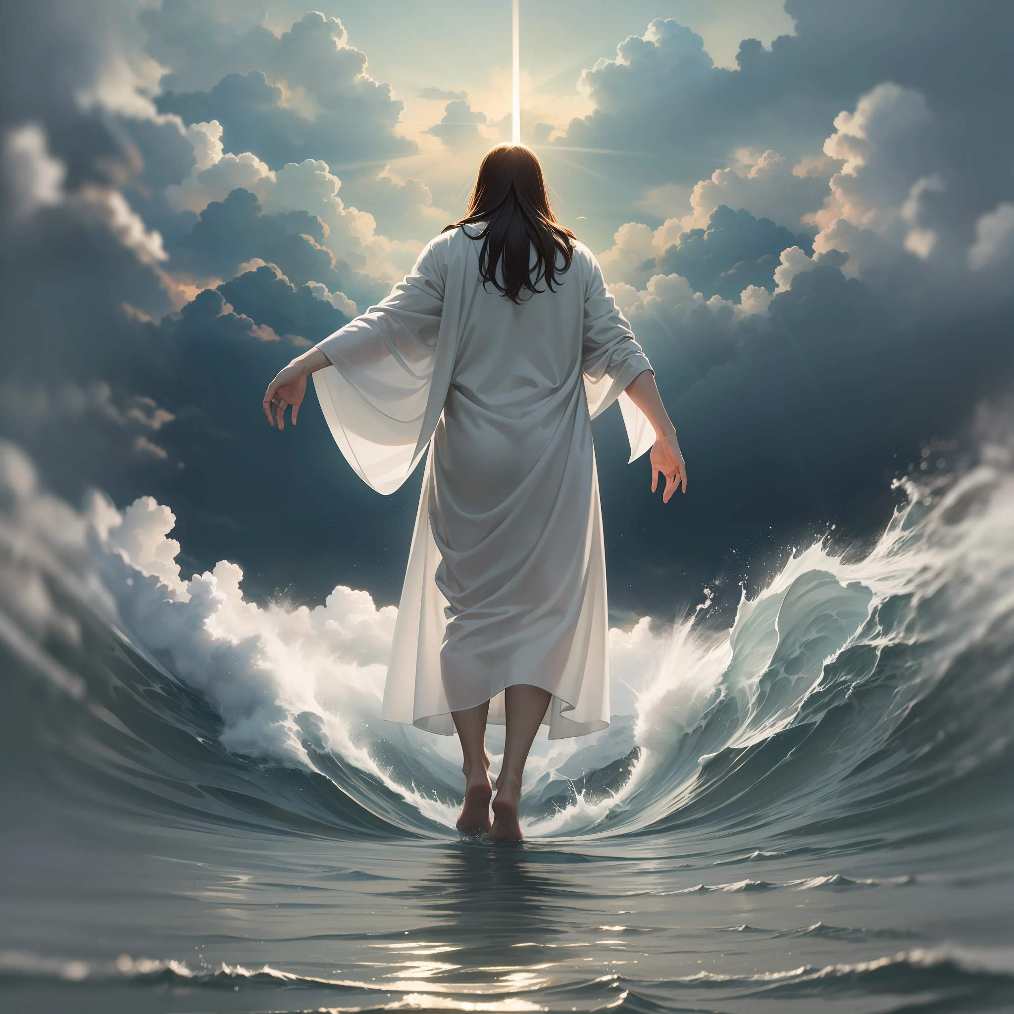 Illuminated Jesus Christ, walking on water in a frenzied storm, Jesus parting the sea and passing through the waters, with sunbeams illuminating the Christ from behind in a full body realistic artwork. heavenly in every way, 8k