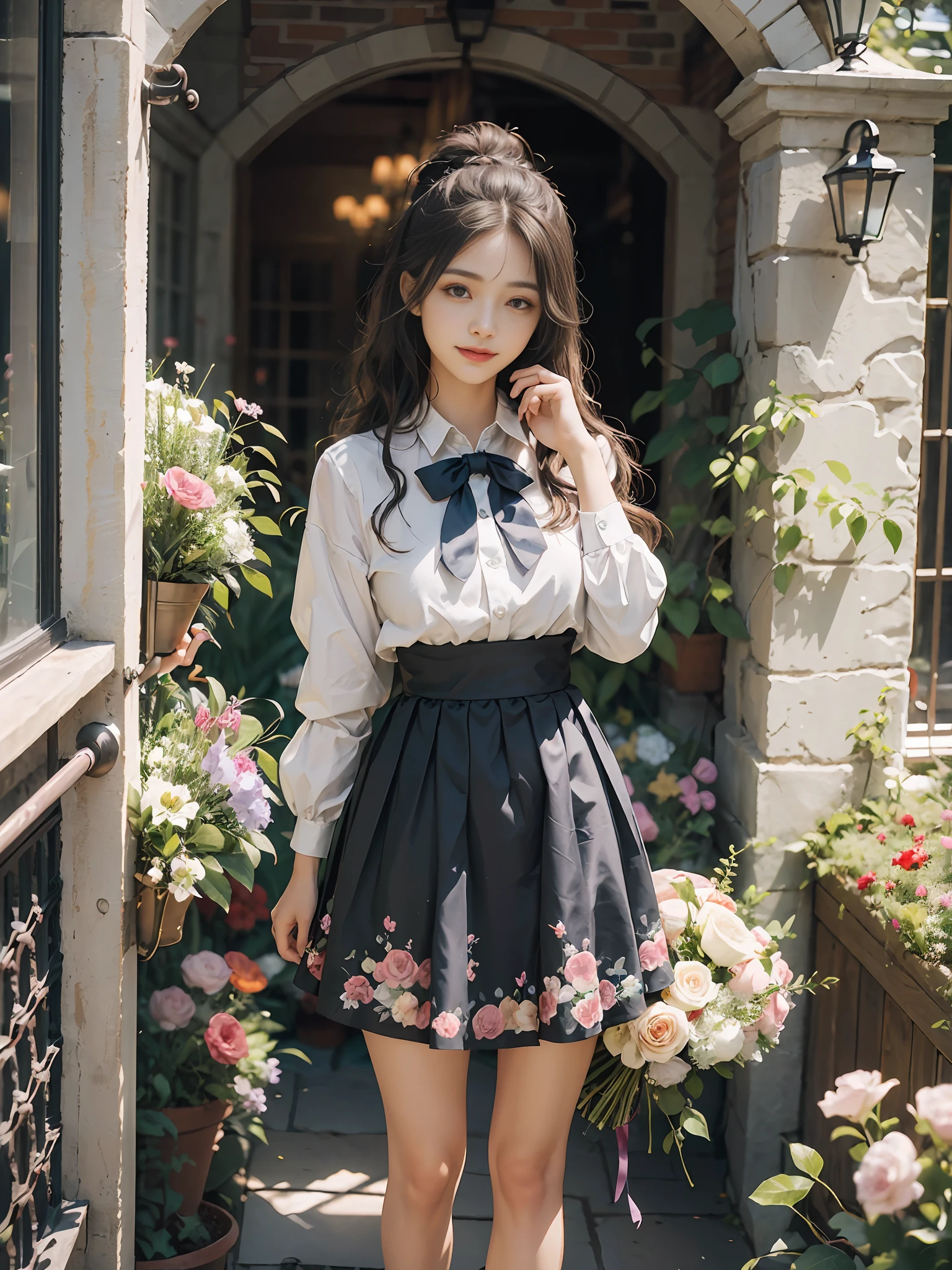 (masterece-piece:1.3)、(8k、photorealestic、RAW Photography、best qualiy: 1.4)、(1girl)、Shallow depth of field、My face is in focus.、softfocus、beautifulface、(contre-jours:1.5)、(Ambient:1.3)、(realistic faces)、(blackhair、Medium Short:1.3)、realistic eye、Dark brown eyes、Highlights in the eyes、Beautiful details、(Plenty of natural light)、（lifelike skin）、Beautiful skin、irresistible、ultra-highres、ultra realistis、high-detail、the golden ratio、One woman with a faint smile、full full body、Pure white smooth and shiny silk socks、Standing in front of garden arch with bouquet of flowers、Loosely wavy hair、ponie tail、Braiding、Ribbons in the hair、Floral blouse with ruffles、bowtie、Blue skirt