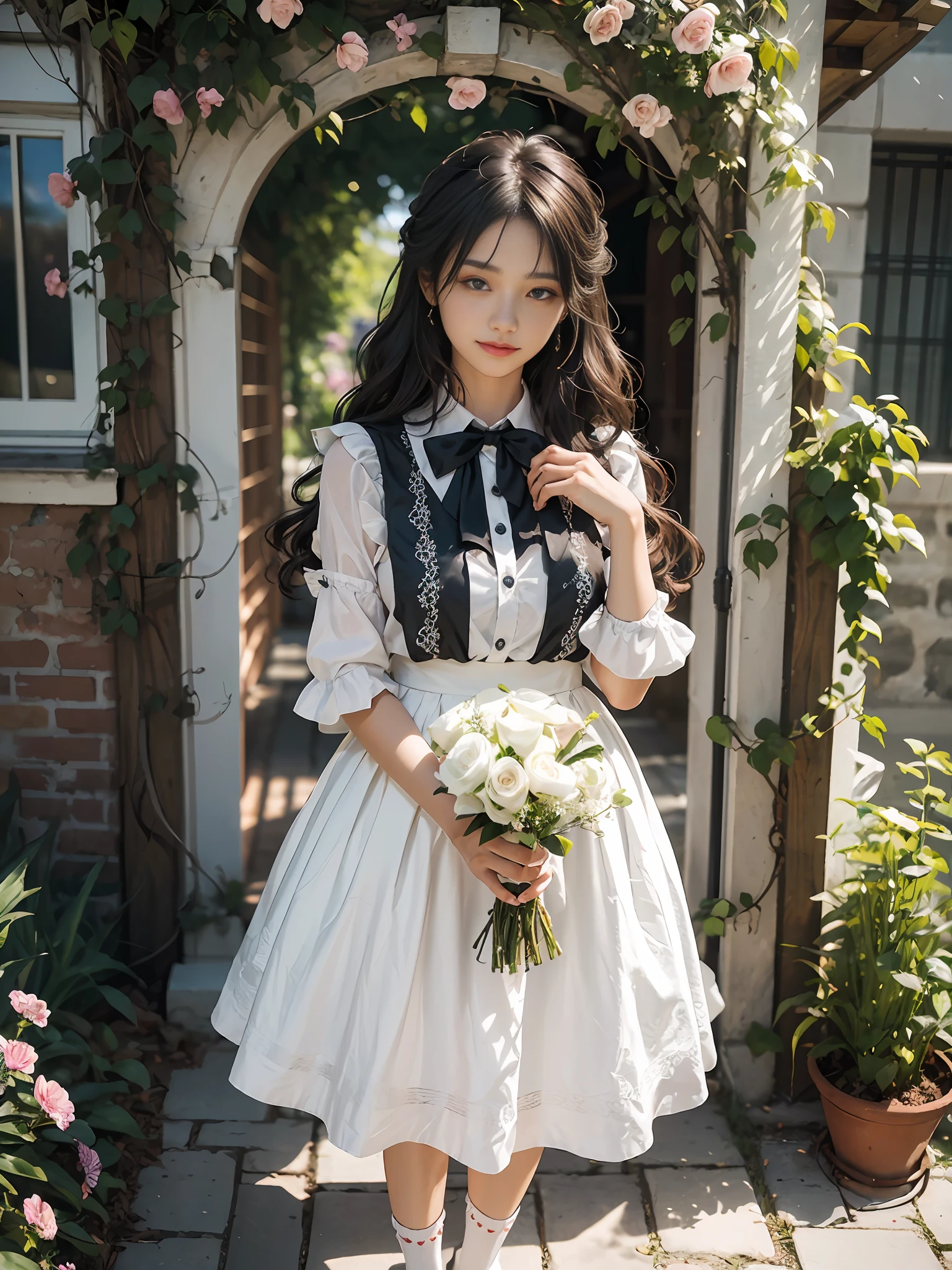 (masterece-piece:1.3)、(8k、photorealestic、RAW Photography、best qualiy: 1.4)、(1girl)、Shallow depth of field、My face is in focus.、softfocus、beautifulface、(contre-jours:1.5)、(Ambient:1.3)、(realistic faces)、(blackhair、Medium Short:1.3)、realistic eye、Dark brown eyes、Highlights in the eyes、Beautiful details、(Plenty of natural light)、(lifelike skin)、Beautiful skin、irresistible、ultra-highres、ultra realistis、high-detail、the golden ratio、One woman with a faint smile、full full body、Pure white smooth and shiny silk socks、Standing in front of garden arch with bouquet of flowers、Loosely wavy hair、ponie tail、Braiding、Ribbons in the hair、Floral blouse with ruffles、bowtie、Blue skirt