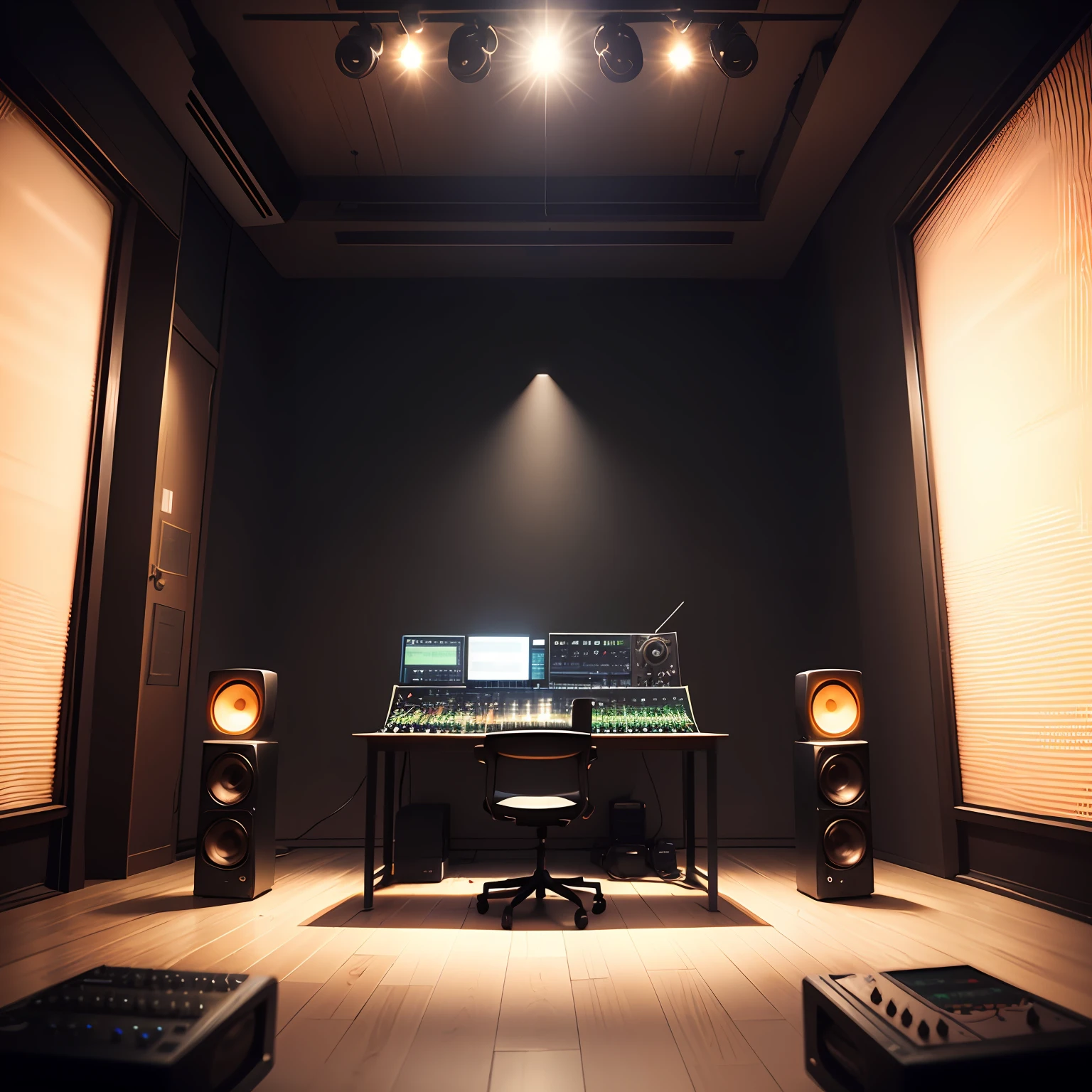 Imagine a music studio that aims to create an immersive sensory experience for its customers. How would the equipment be arranged to create a unique audio experience? What kind of lighting and projections would you use to create an immersive and inspiring atmosphere? --auto