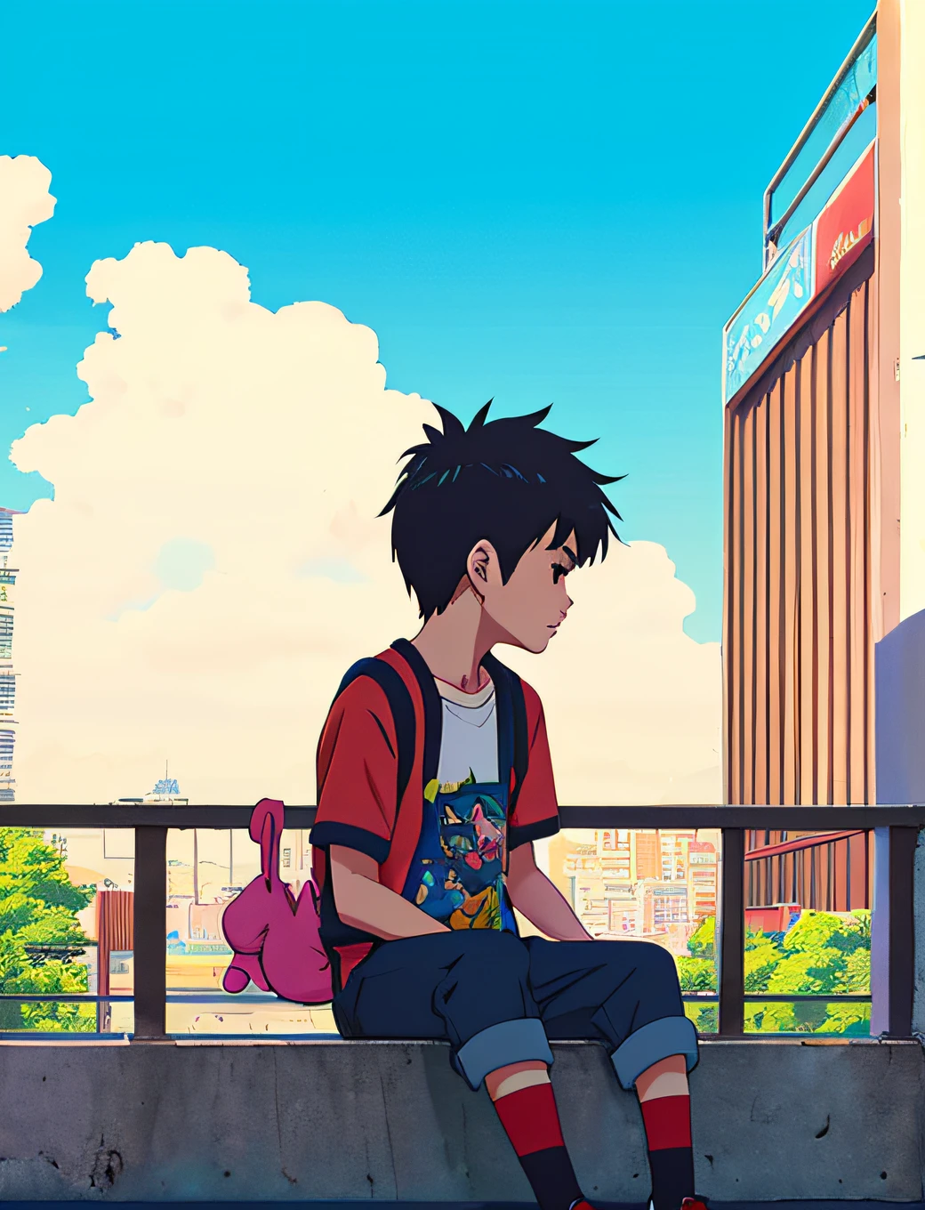 (Anime boys:1.3) Sit on a hanger with a stuffed animal，(Cutes:1.2)artgerm style，(Loepfe style:1.2)Detailed digital art，(animeaesthetic:1.1)，(High quality anime art:1.1)，(Cutes:1.1)Detailed depiction，(Soft cute illustration:1.1)，(lofi girl:1.2)，(lofi art:1.2)，(High-quality fanart:1.1)，(anime illustration:1.1)。