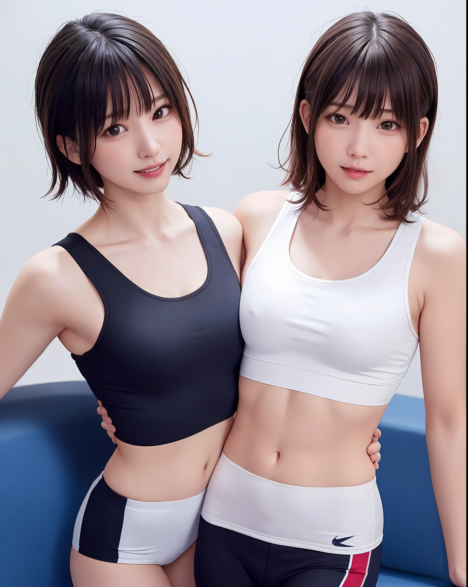 beste Quality, photorealestic, 8K, high - resolution, One lady, 24-year-old woman, Perfect beautiful woman, (Skindentation), (portlate:0.6), gorgeou, ((White background, Sports Tank Top, small tits:1.72)), ((Short straight hair, partedbangs:1.7)), looking the viewer, (1 Viewers looking into the eyes of a girl:1.6), photorealestic, (vokeh), (Sorrisos, Mouth closed:1.3), gorgeou, pureerosface_v1:1,