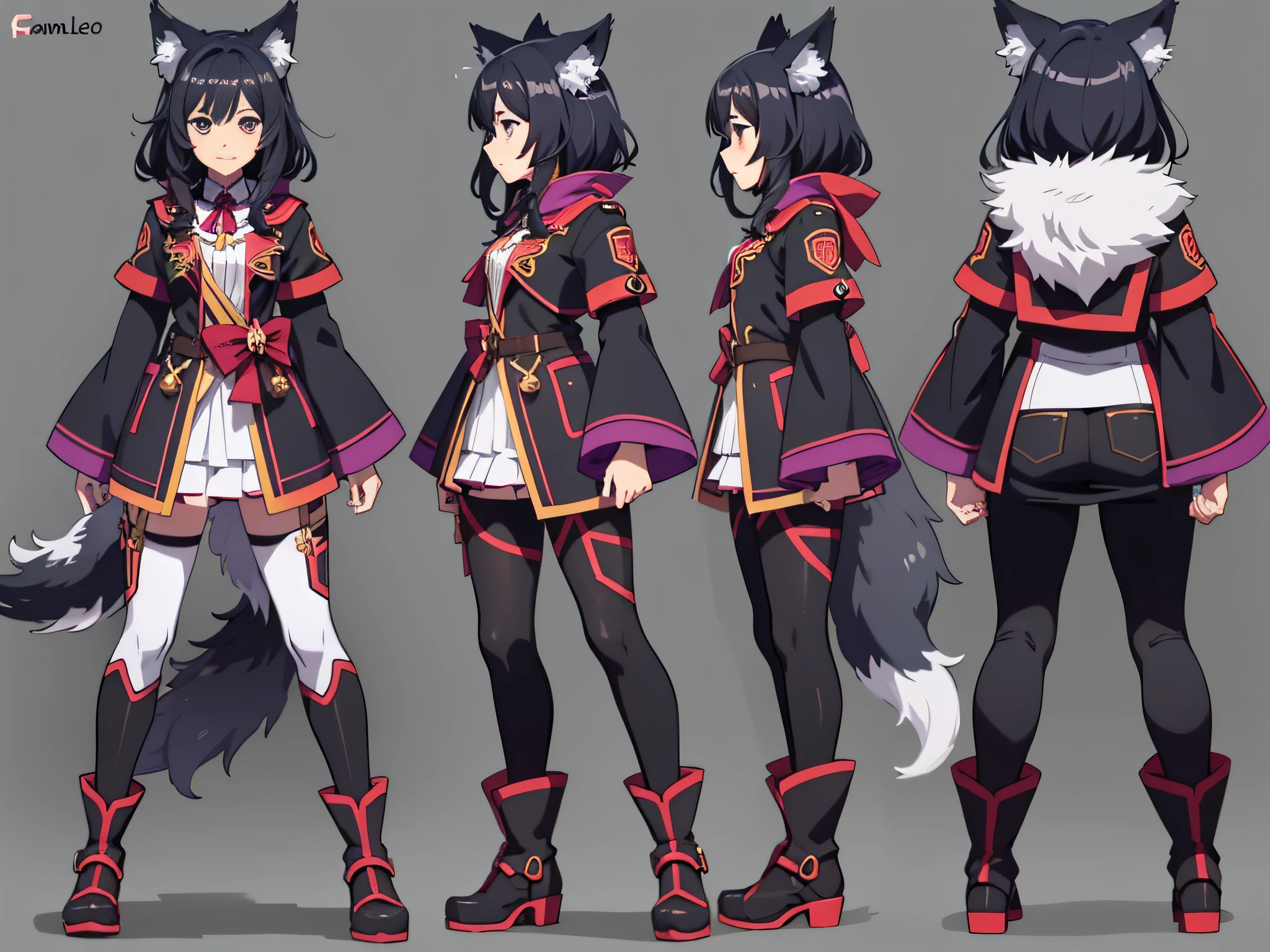 Character Sheet, full-body, famale, tall, black haired, anime, anime style, wolf ears, wolf tail, 4k, high quality