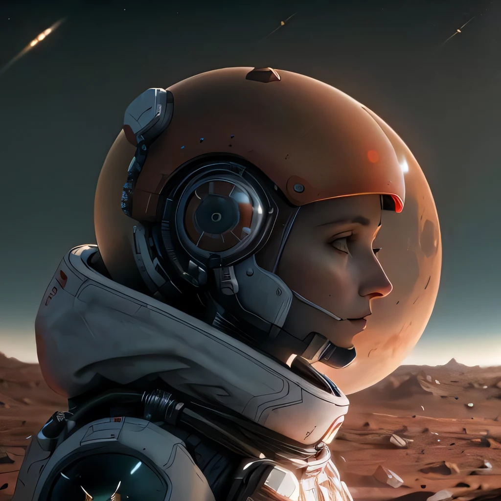 8k, mars, ultra, intrincate details, raw, masterpiece, woman space traveler stranded on mysterious world, 1starfield style,