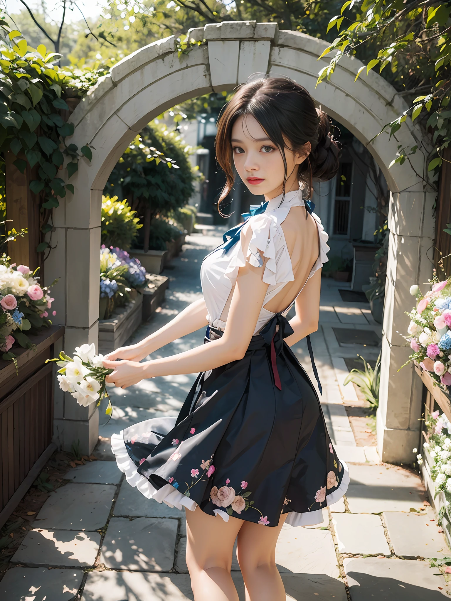 (masterece-piece:1.3)、(8K、photorealestic、Raw photography、beste Quality: 1.4)、(1girls)、Shallow depth of field、My face is in focus.、softfocus、beautifulface、(back lighting:1.5)、(Ambient:1.3)、(realistic faces)、(blackhair、Medium Short:1.3)、realistic eye、Dark brown eyes、Highlights in the eyes、Beautiful details、(Plenty of natural light)、（lifelike skin）、Beautiful skin、irresistible、ultra-highres、ultra realistis、high-detail、the golden ratio、One woman with a faint smile、full full body、Pure white smooth and shiny silk socks、pumps、Standing in front of garden arch with bouquet of flowers、Loosely wavy hair braided into a ponytail with a ribbon on the hair、Floral blouse with ruffles、bowtie、Blue skirt