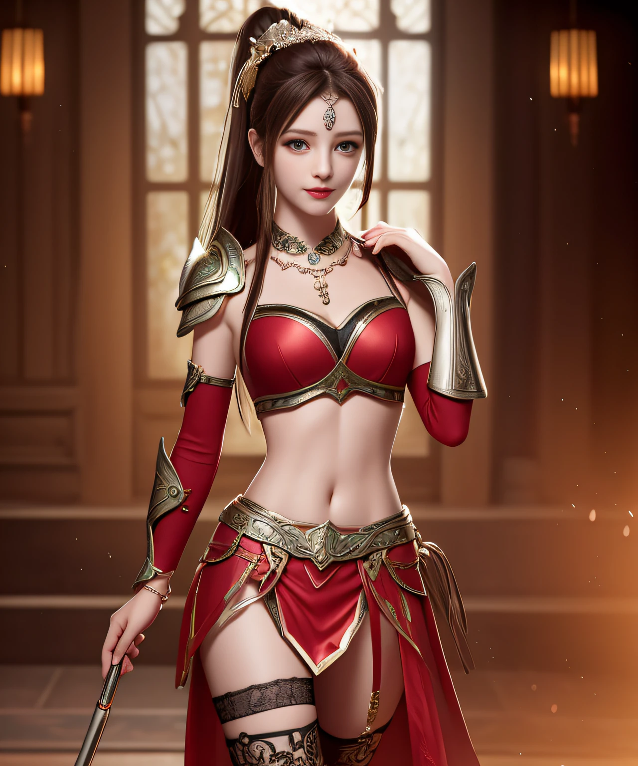 Goddess, Best Quality, Masterpiece, High Resolution, 1Girl, Cloth Skirt, Hair Accessories, Necklace, Jewelry, Beautiful Face, Red Lines on Forehead, Tyndall Effect, Realistic, Dark Studio, Edge Lighting, Two-tone Lighting, (High Detail Skin: 1.2), 8K UHD, DSLR, Soft Light, High Quality, Volume Light, Voyeur, Photos, High Resolution, 4K, 8K, Vampire, Best Full Body Quality, Masterpiece, High Resolution, 1 Girl, Ancient Armor, Pink Metal Bikini Armor, Chest Pattern, Single ponytail, upon_body,,stockings, realistic, edge lighting, two-tone illumination, (high detail skin: 1.2), 8k ultra hd, DSLR, soft lighting, high quality, volumetric lighting, frank, Photos, high resolution, lace stockings, riding horse, shoulder armor, exposed abdomen, short wrist guards