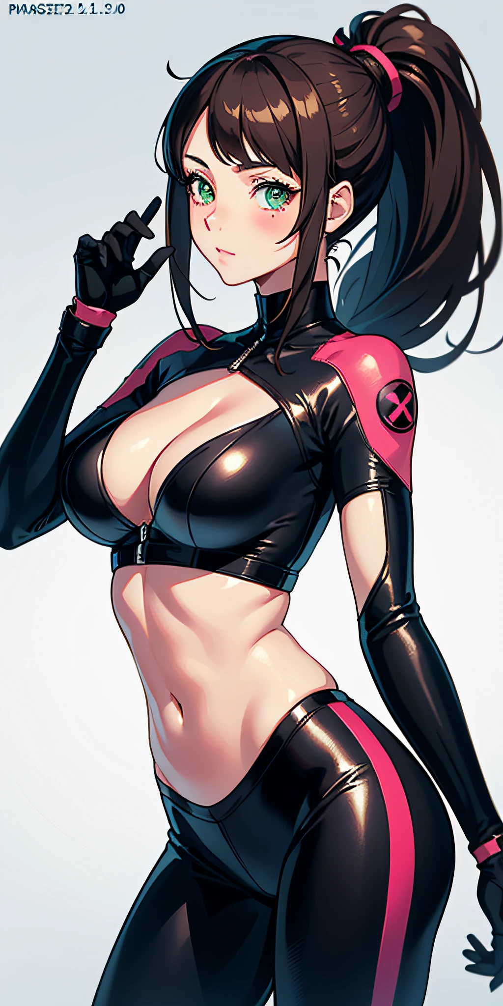 (masterpiece:1.2, best quality), (finely detailed beautiful eyes: 1.2), a girl with a brown ponytail, green eyes, big breasts, only 1 girl, age 20, black red dva jumpsuit