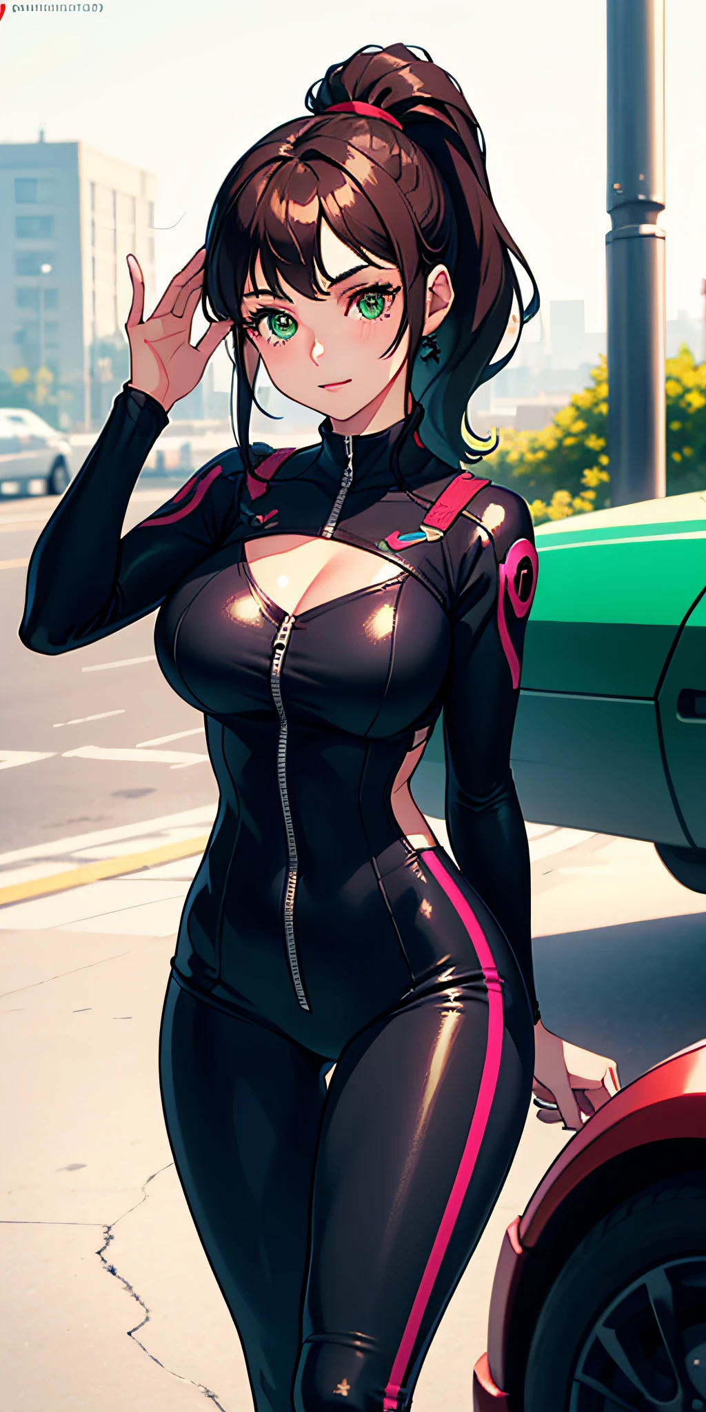 (masterpiece:1.2, best quality), (finely detailed beautiful eyes: 1.2), a girl with a brown ponytail, green eyes, big breasts, only 1 girl, age 20, black red dva jumpsuit