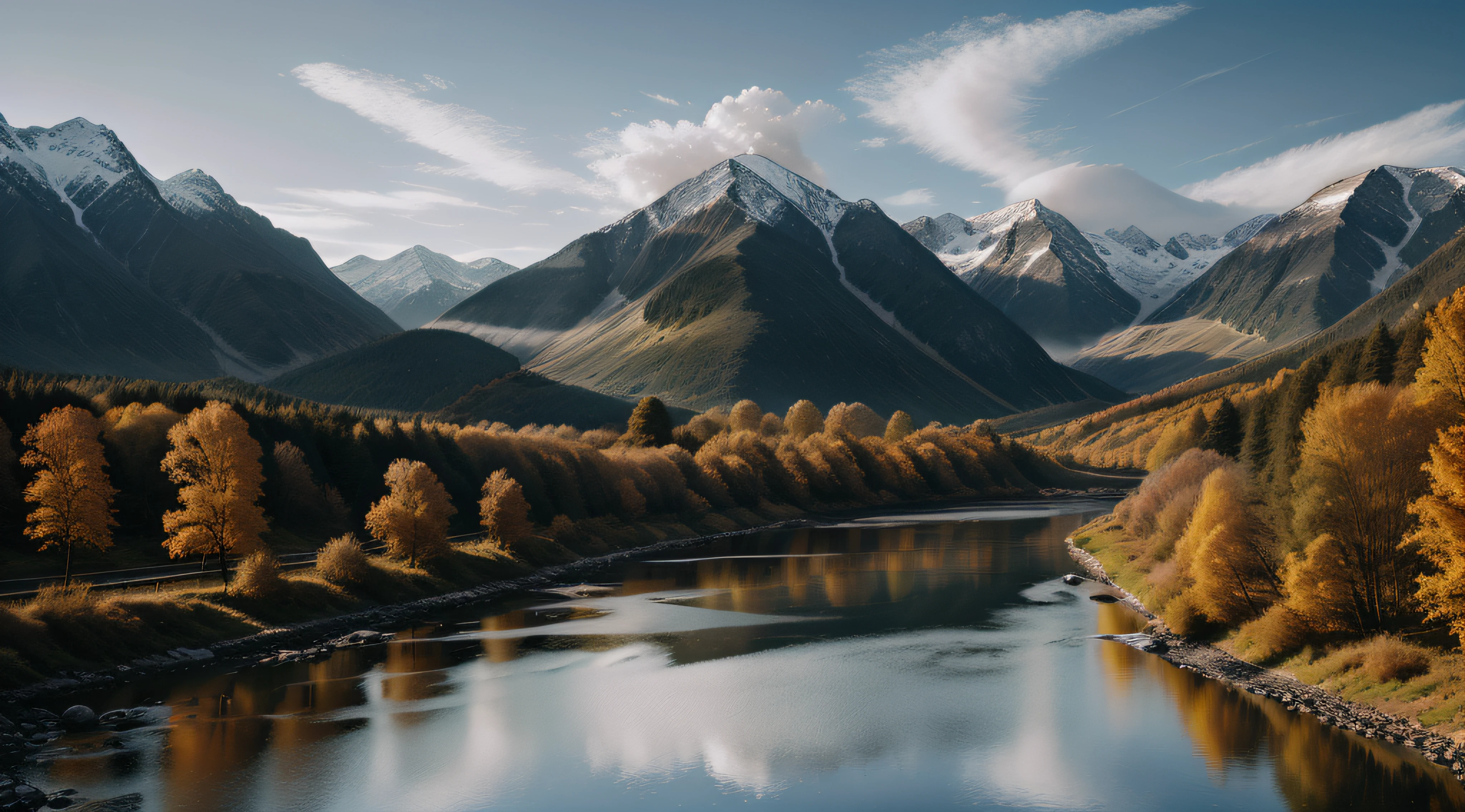 detailed background, masterpiece, best quality, scenery, mountains, river, forest, sun, day, clouds