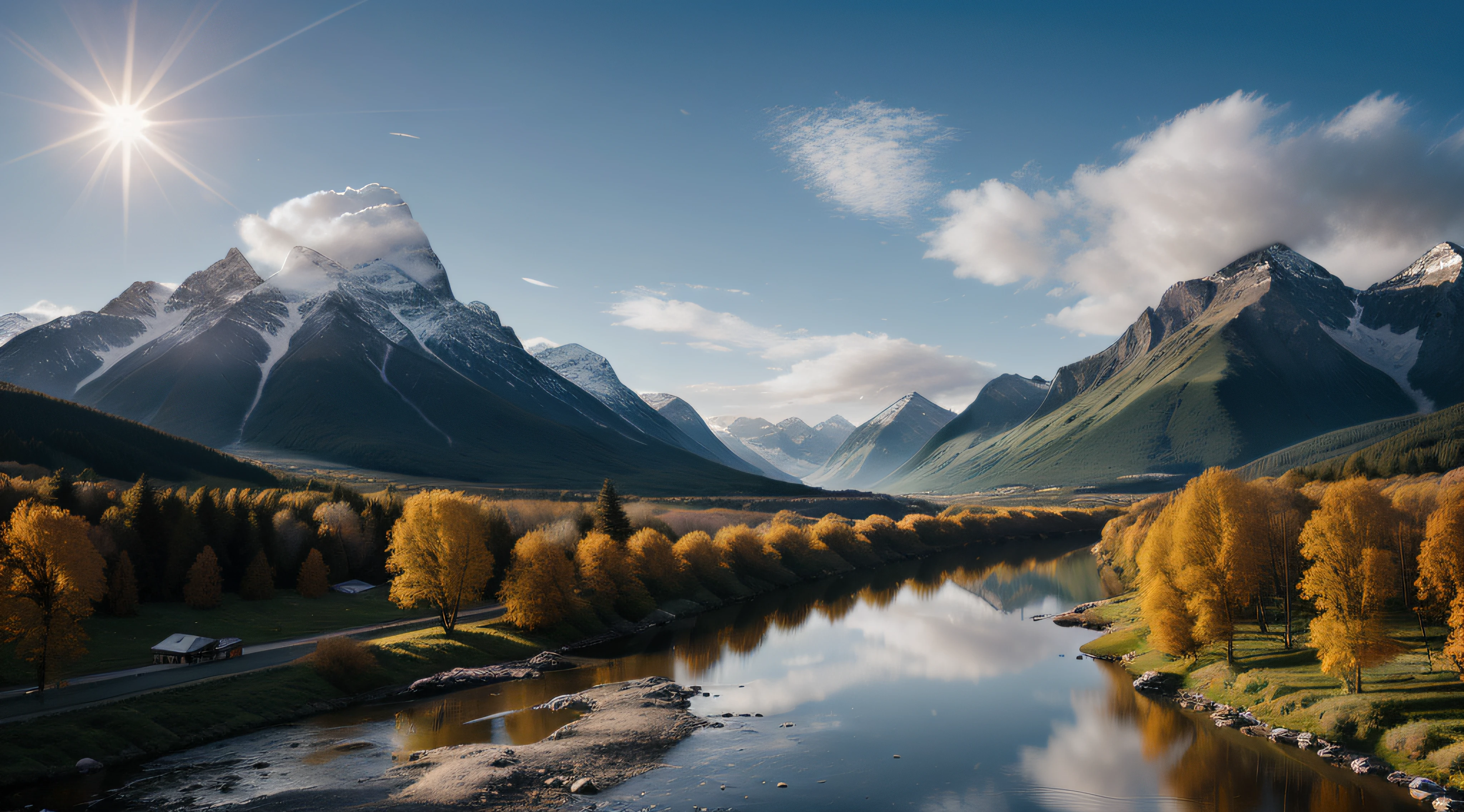 detailed background, masterpiece, best quality, scenery, mountains, river, forest, sun, day, clouds