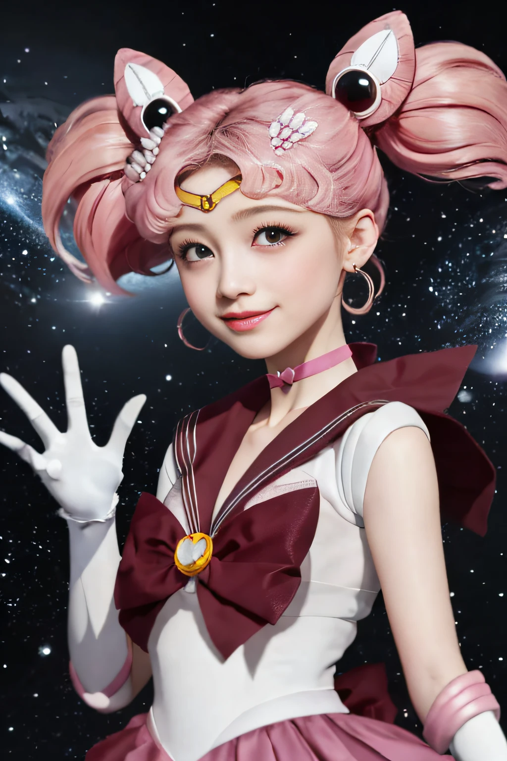 ((HD Real、Sama 1 Level)), Extreme Real, masterwork, maximum quality, Highresolution, SAMA1, space, stunning beauty, Upper body photo、1 、s chest、gloves、s lips、独奏、Sailor Chibi Moon、Red eyes、SM Uniform、Mer1、tiara、Sailor Senshi Uniform、(RAW Photography、maximum quality)、masterwork、Floating pink twin tails、Pink sailor color、bow、choker、white gloves、Pink choker、Elbow Gloves、jewelries、ear ring、Pink skirt、sole、full - body、Pink hair、(perfect hand):3.8、Rendu octane、moon goddess、 (close up front:1.2)Beautiful eyes with fine details、close up front、Small eyes、lookind at viewer、to8contrast style、Octane line art、Space background、kk、Light Effects、Pink、Children's wered hand