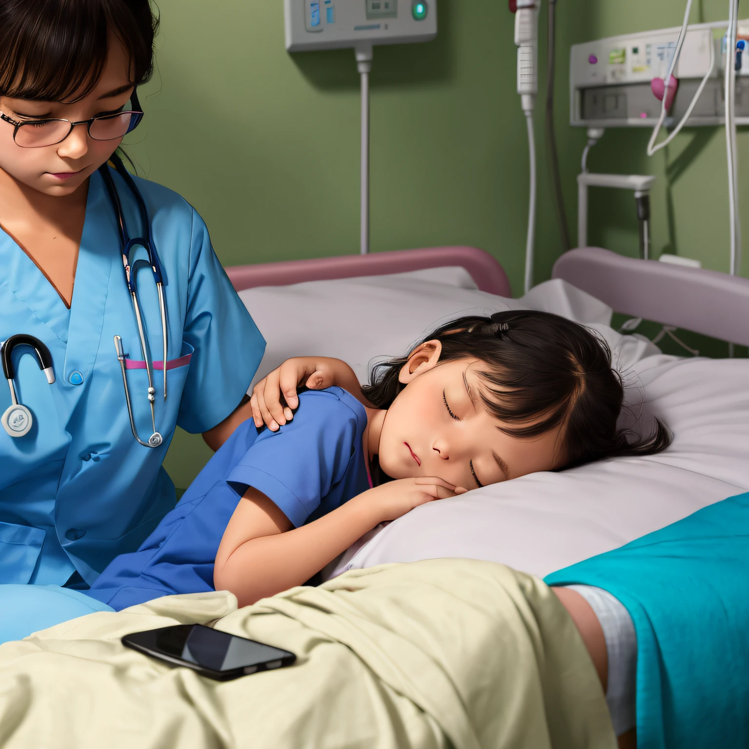 In the foreground is a hand holding a mobile phone to shoot, In the background is a little girl in a patient's clothes sleeping on a hospital bed --auto