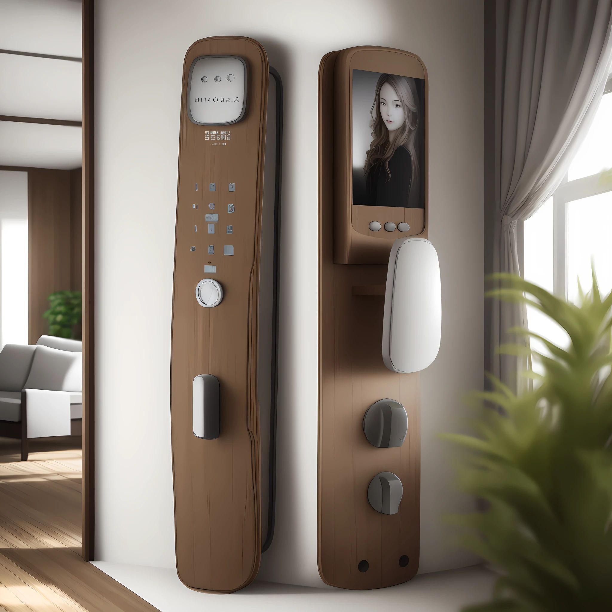 Smart lock poster（（photo realistic）），（（Interior design）），（（modern day））ve（（ecology）），（（Mood board）），（（architecture photography）），Dynamic perspective，dynamic angle，natural day light&gt;artificial lighting，some plants，（（wooden furniture：1.2|\[metal furniture\]：0.8）），（（Brick wall：1.1），（white wall），（Lots of natural light）），Spacious living area，earth colors，（（nobody）），Just furniture and plants。