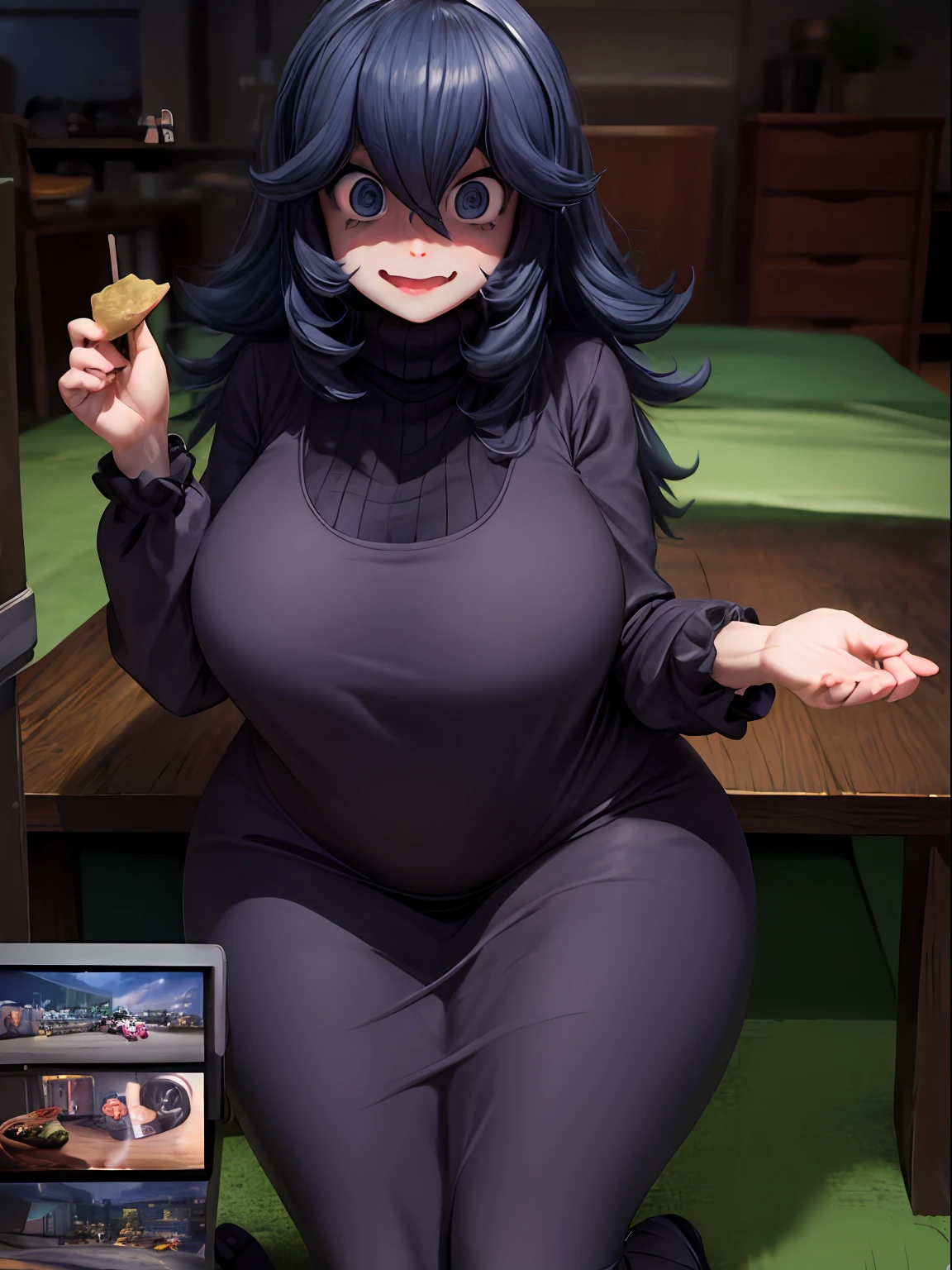 ((masterpiece:1.2)), best quality, ((extreme detail)), (official art), (ultra-detailed), anime screencap, extremely, detailed, (CG), 3d, unity model, 8k, wallpaper, hex maniac, hex maniac(pokemon), 1girl, solo, (lying), (eating), food, (full body view), (huge breasts), wide hips, (long sleeved turtleneck sweater dress), purple clothes, taut dress, embarrassed, purple eyes, cowboy shot, crazy eyes, (shaded_face:1.3), anime, bursting breasts, wrinkles in clothes, sweat, plump, flustered,