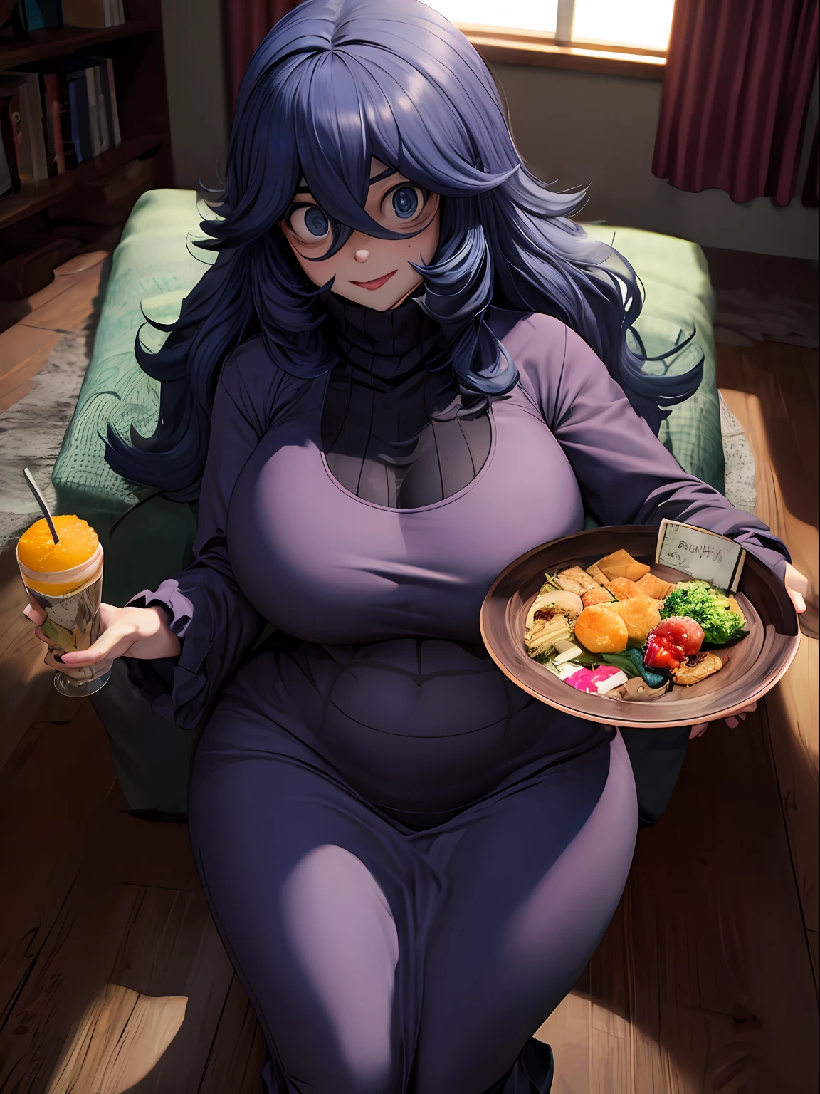 ((masterpiece:1.2)), best quality, ((extreme detail)), (official art), (ultra-detailed), anime screencap, extremely, detailed, (CG), 3d, unity model, 8k, wallpaper, hex maniac, hex maniac(pokemon), 1girl, solo, (lying), hotel, (eating), food, (full body view), (huge breasts), wide hips, (long sleeved turtleneck sweater dress), purple clothes, taut dress, embarrassed, purple eyes, cowboy shot, crazy eyes, (shaded_face:1.3), anime, bursting breasts, wrinkles in clothes, sweat, plump, flustered,