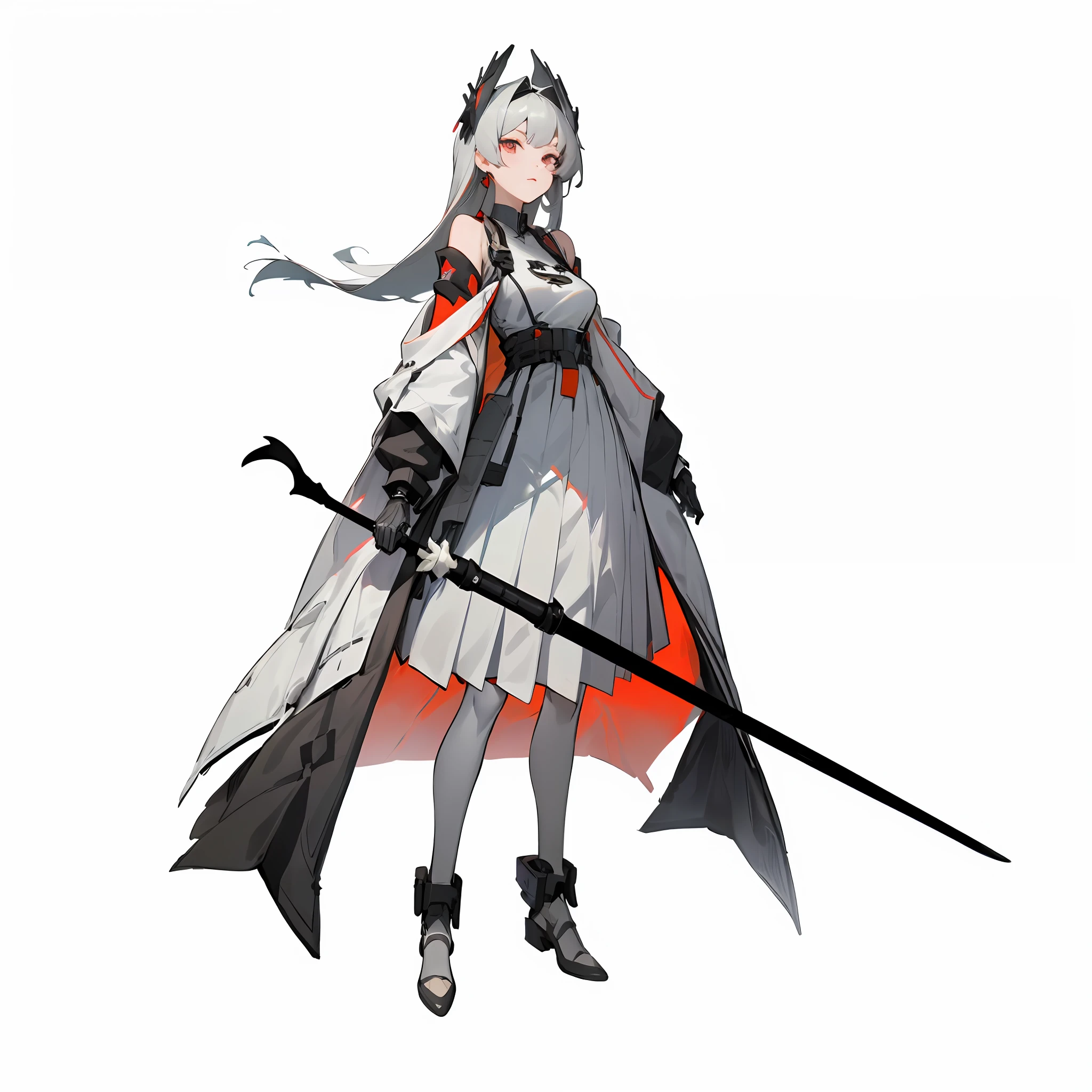 A full-body close-up wearing a lily element white dress pleated long skirt combat costume holding a long mechanical staff in both hands，((character design sheet、Same role、front facing、Lateral face、back facing))，mechanicallegs，High-grade off-white is the main color，Punishing: Gray Raven，From the night of the ark，Guwiz，From punishment: Gray Raven，girls frontline style，girls frontline universe，inspired by Leng Mei，Kusart Krenz key art feminization，7.5 head body，Mechanical prosthetics，Celluloid coloring style，white background，Weakens the coloring effect，Model-like figure，Three View，