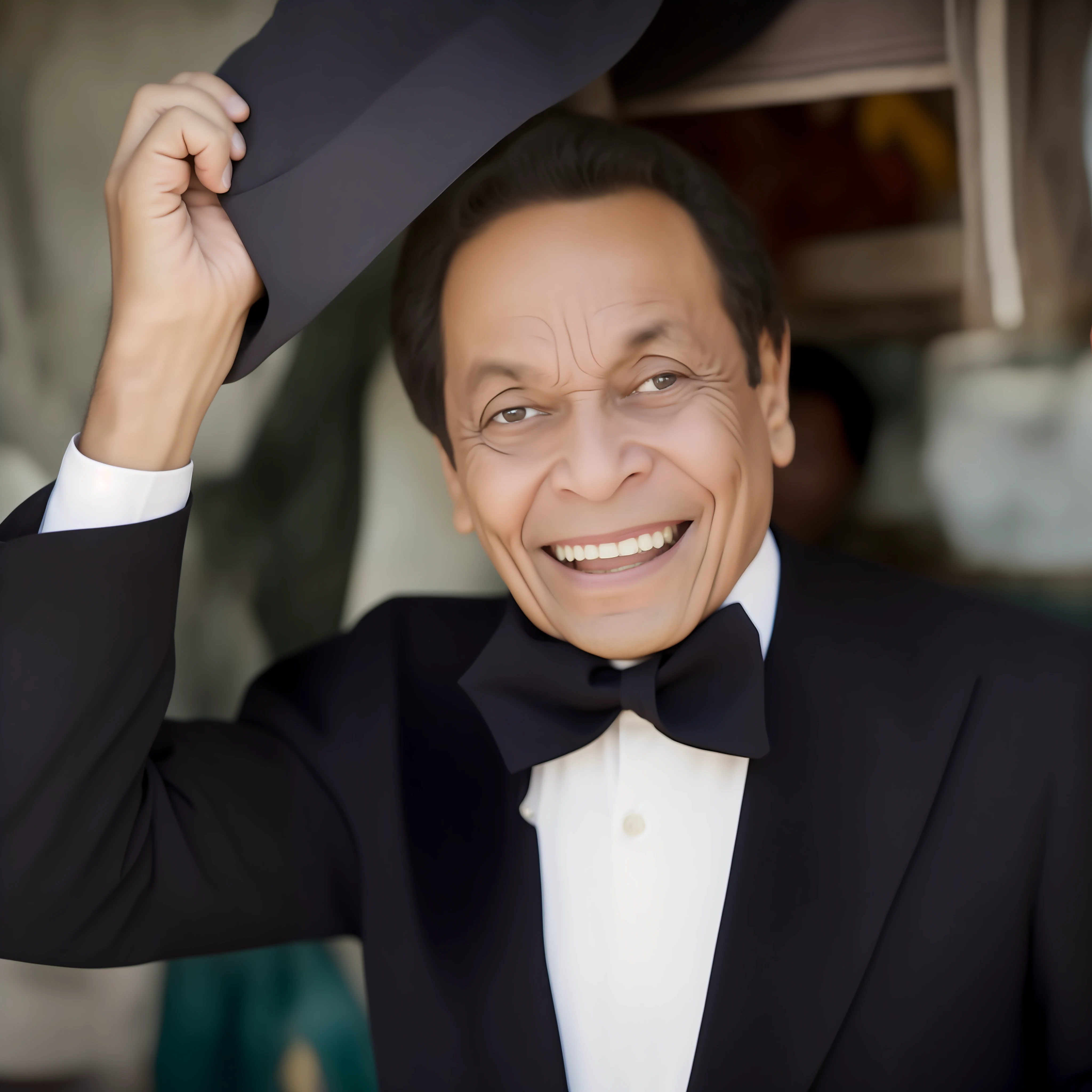Adel Emam, the beloved Egyptian actor, is transformed into a playful and mischievous 10-year-old with an adorable baby face. He is captured in a vibrant and bustling Egyptian marketplace, surrounded by colorful stalls selling an array of exotic spices, textiles, and trinkets. Adel Emam's youthful innocence is portrayed through his wide eyes filled with wonder and his infectious laughter as he interacts with the lively street vendors. The atmosphere is vibrant and full of energy, with warm tones and textures reminiscent of a vintage film photograph taken by Steve McCurry.